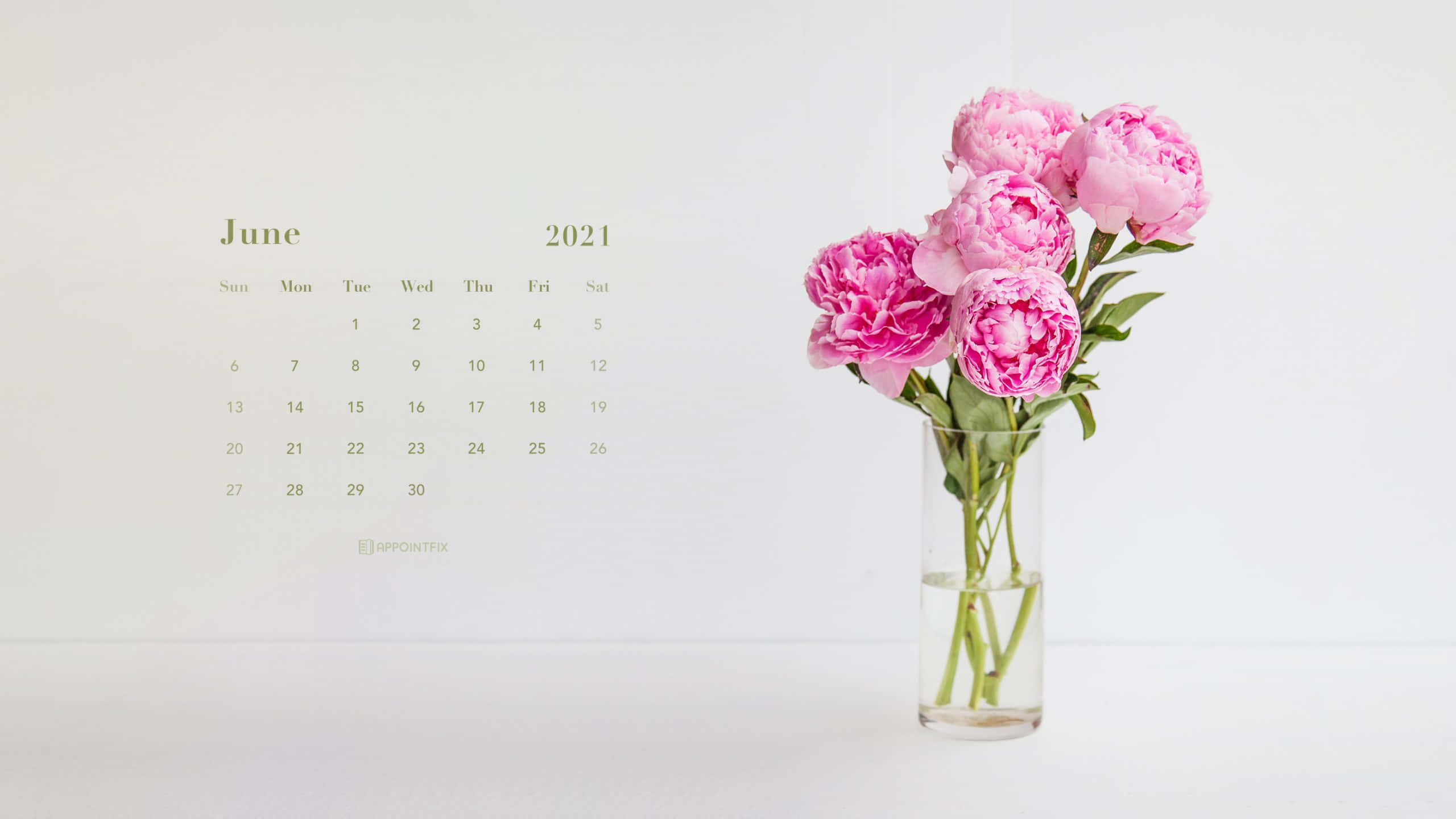 June 2021 calendar, pink peonies, glass vase, 2K Desktop Wallpaper