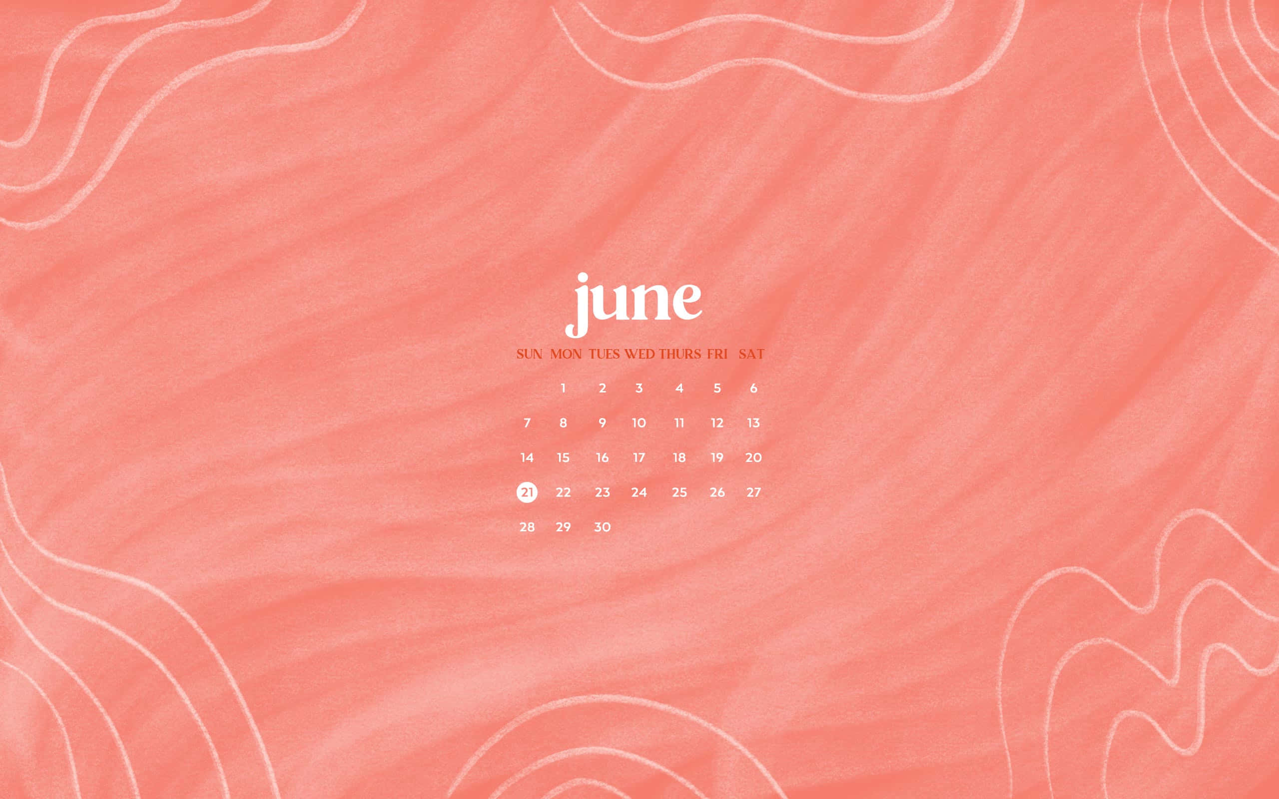 June Calendar, soft coral, white wavy lines, 2K Desktop Wallpaper