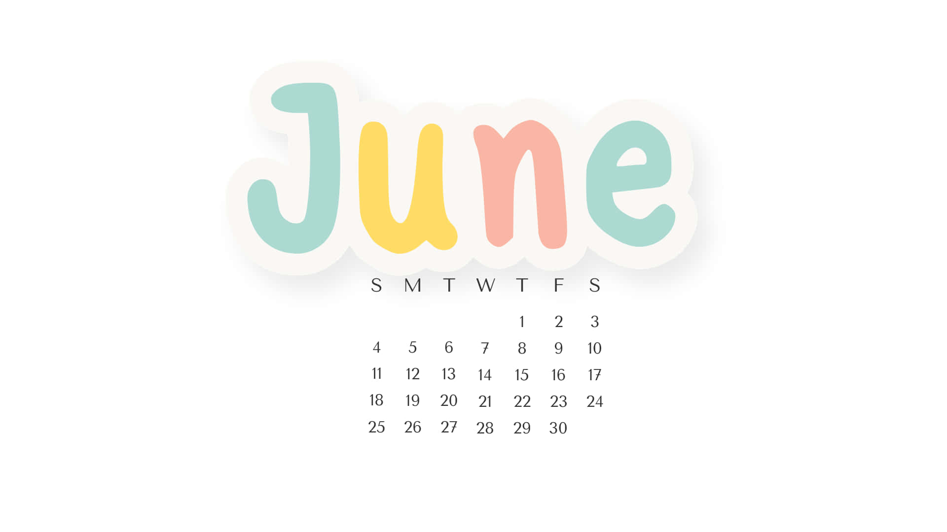 June Calendar, pastel-colored letters, white background, Full HD Desktop Wallpaper