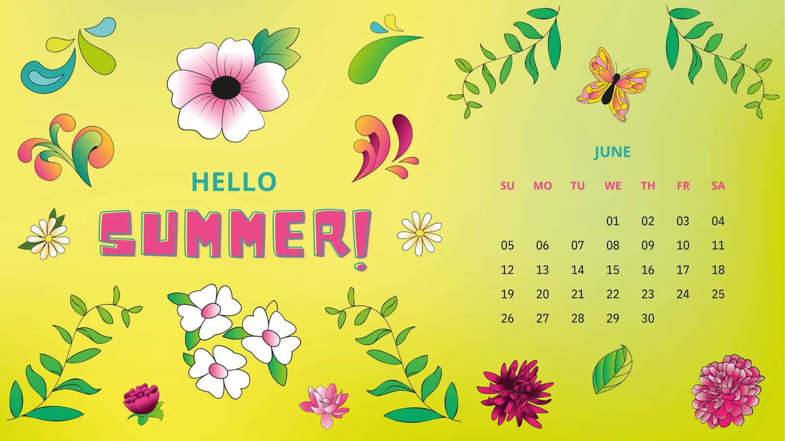 Hello Summer!, June calendar, vibrant yellow background, HD Desktop Wallpaper