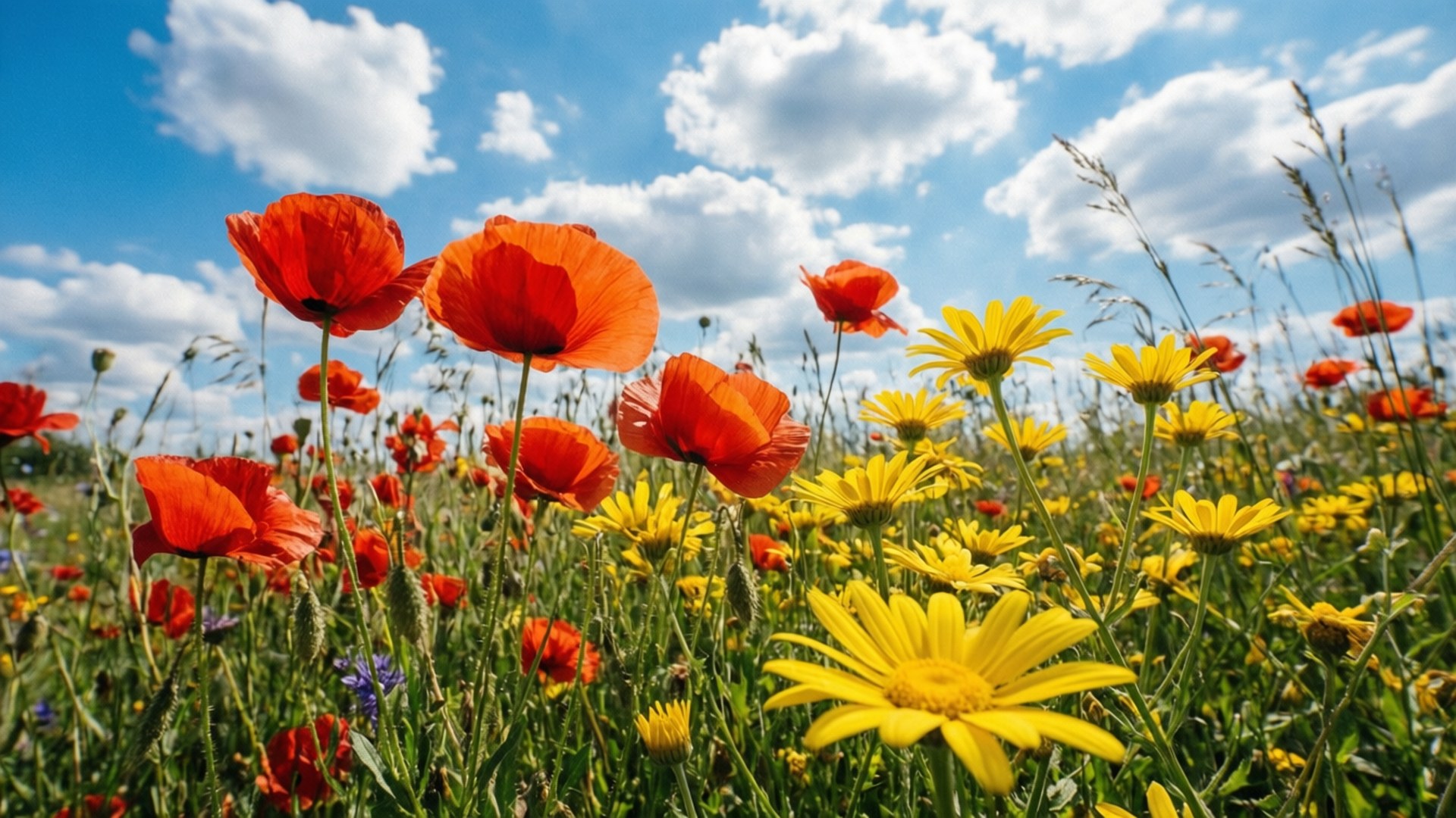 June Blooming Meadows, vibrant red poppies, yellow daisies, Full HD Desktop Wallpaper