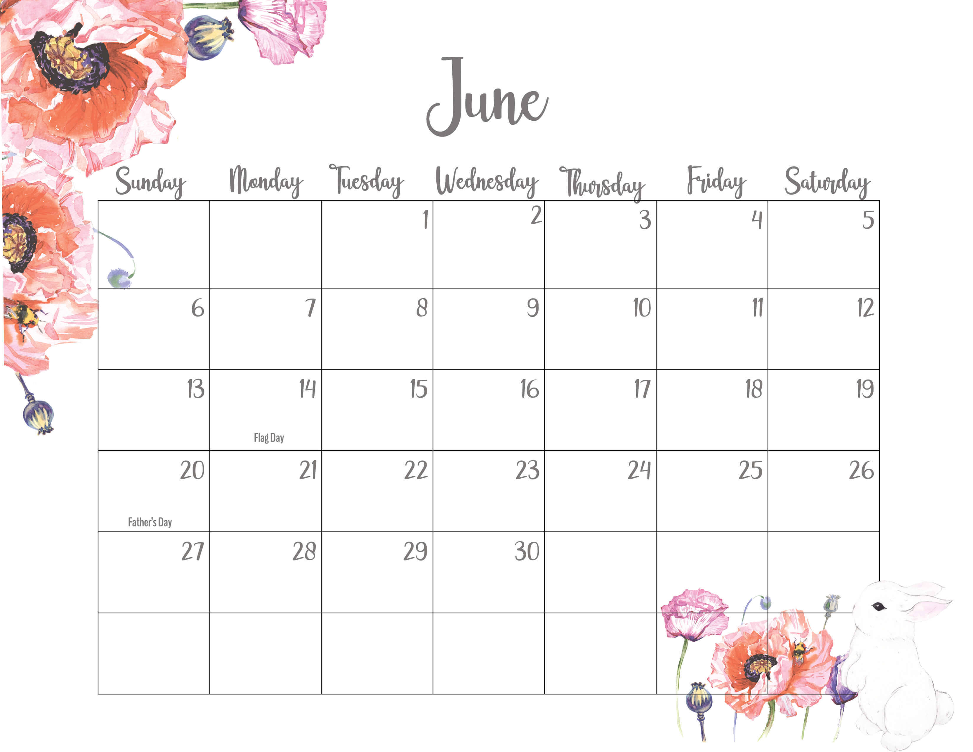 June, watercolor poppies, white rabbit, 2K Desktop Wallpaper