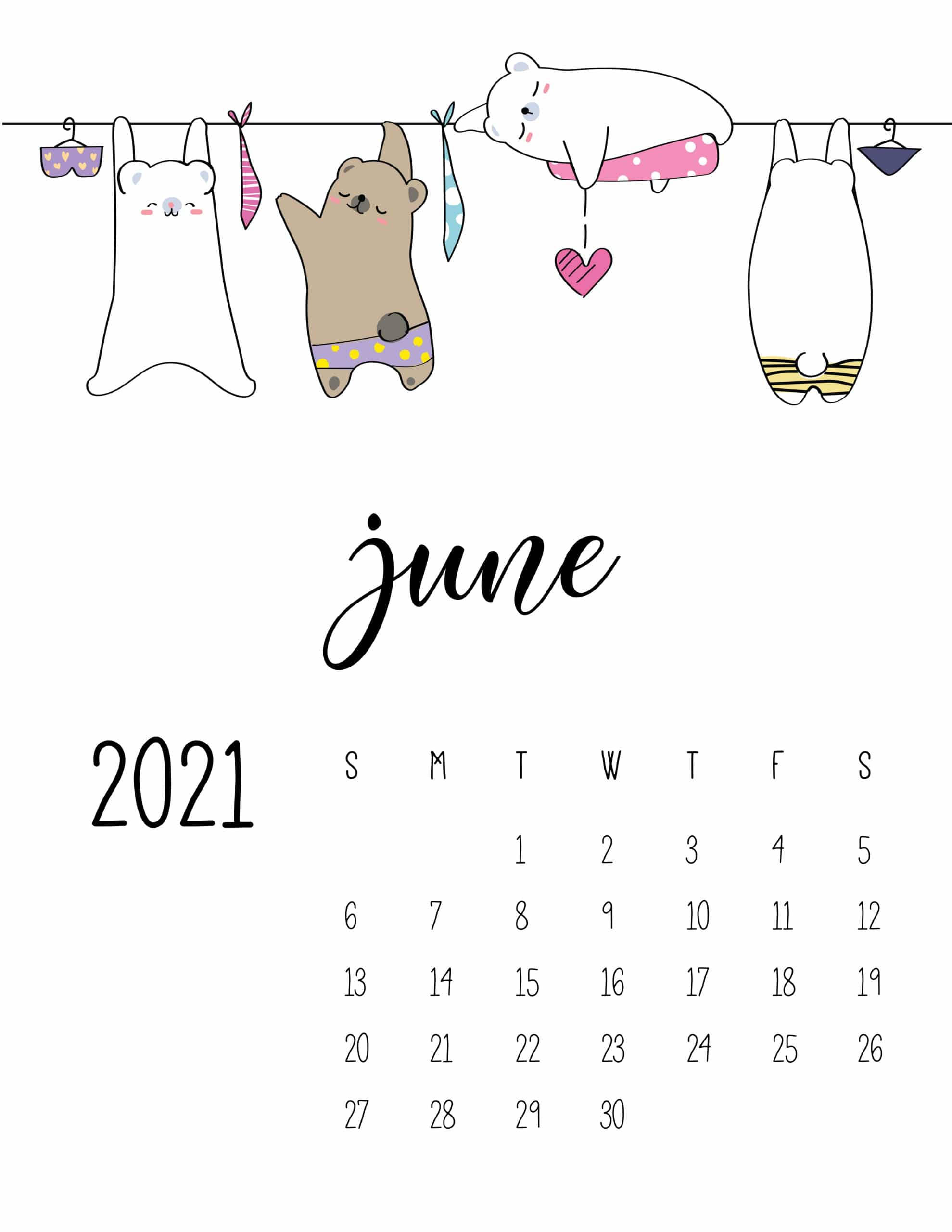 hanging bears, June 2021 calendar, clothesline, 2K Phone Wallpaper