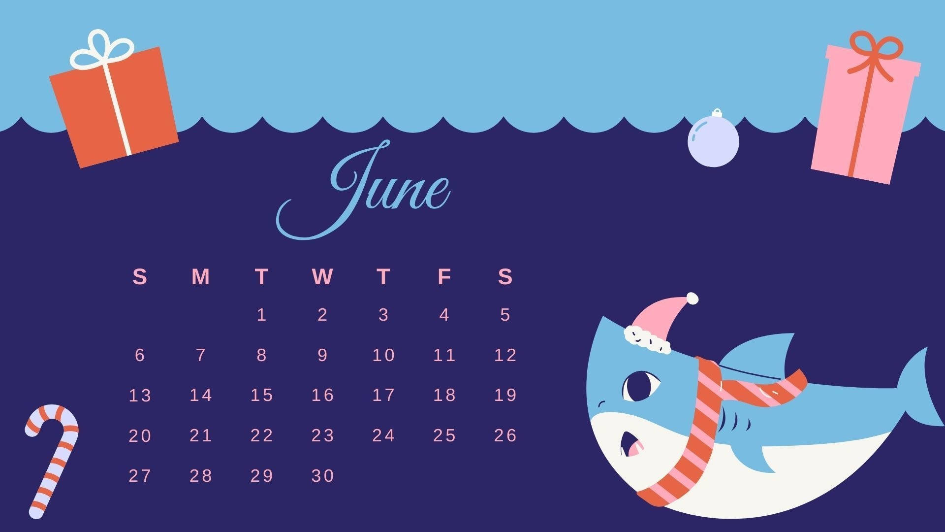 June 2021 Calendar, cartoon shark, Santa hat, Full HD Desktop Wallpaper