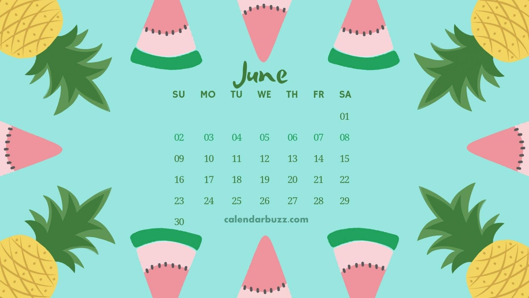 June calendar, watermelon slices, pineapples, HD Desktop Wallpaper