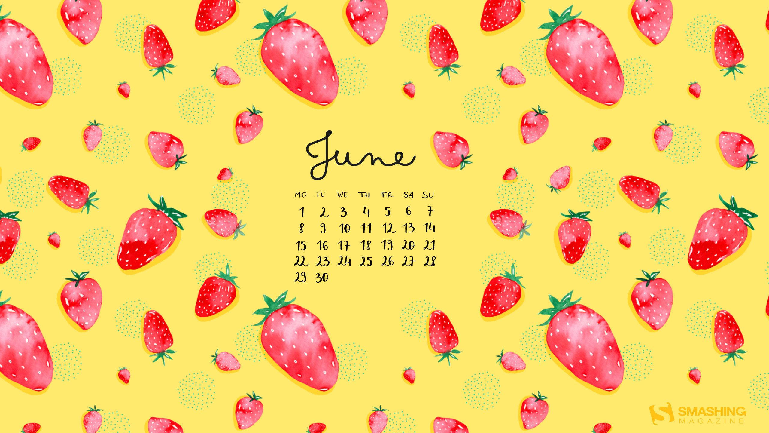 June calendar, watercolor strawberries, sunny yellow background, 2K Desktop Wallpaper