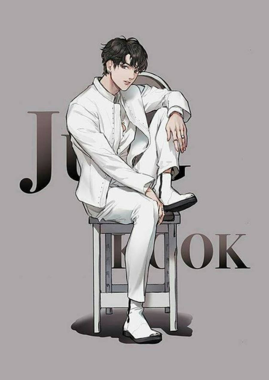 Anime Jungkook, white aesthetic, stool, SD Phone Wallpaper