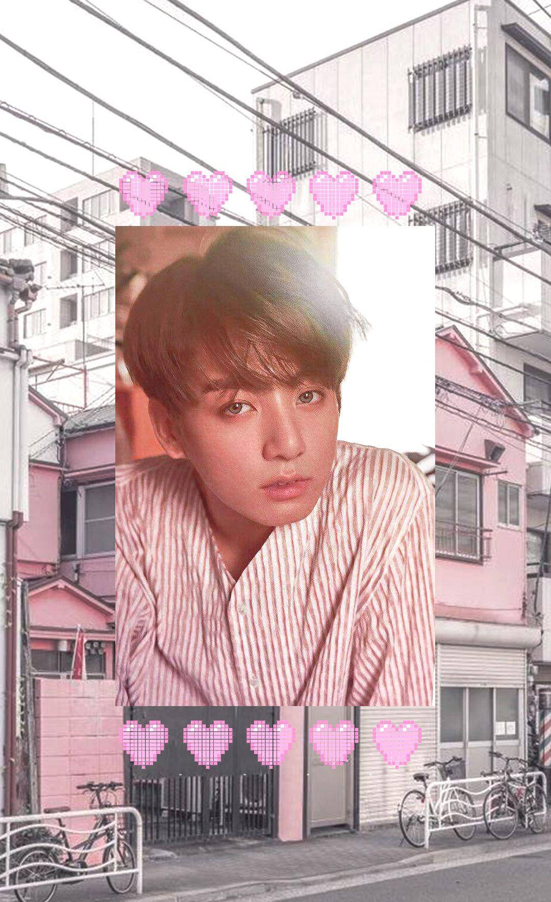 Jungkook, pink-hued urban street scene, striped shirt, HD Phone Wallpaper