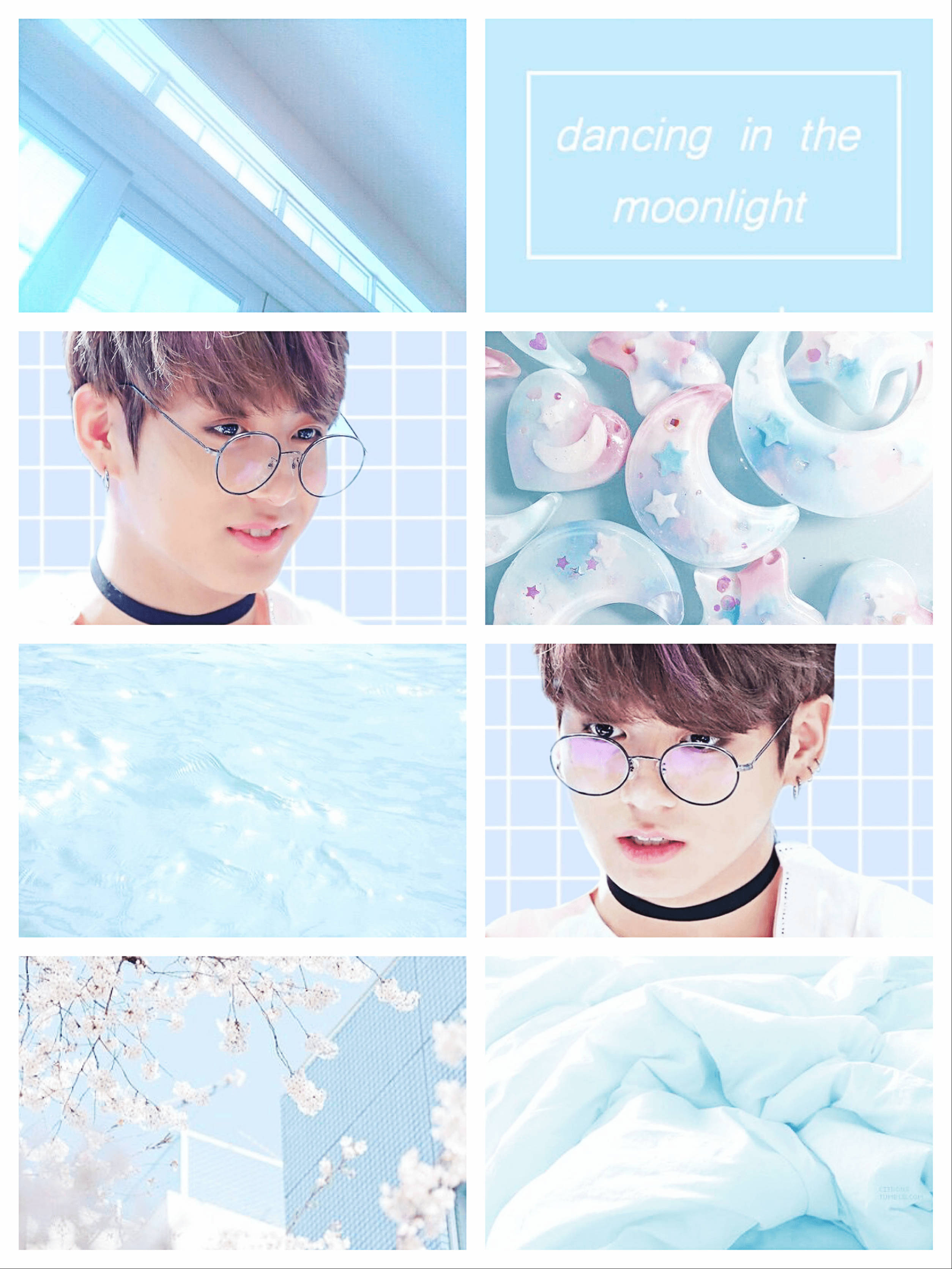 Jungkook Aesthetic, pastel blue, young man with glasses, 2K Phone Wallpaper