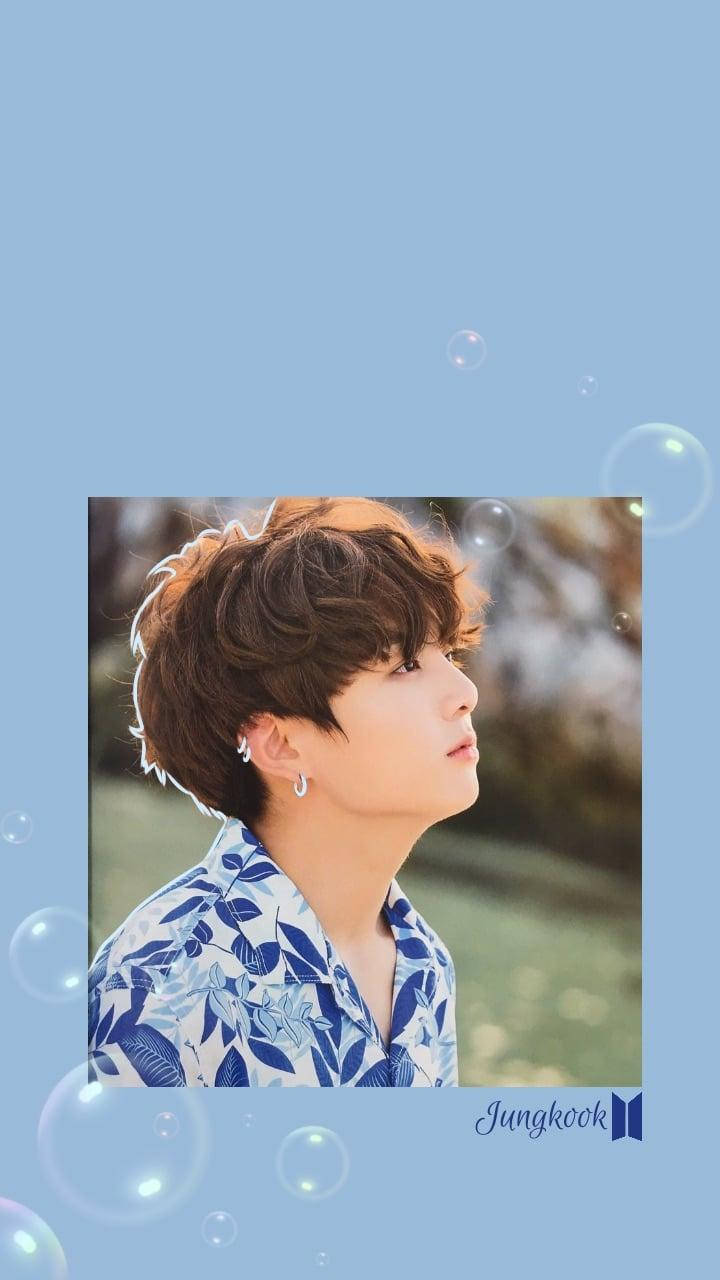 Jungkook Aesthetic, blue floral shirt, soft blue background, HD Phone Wallpaper