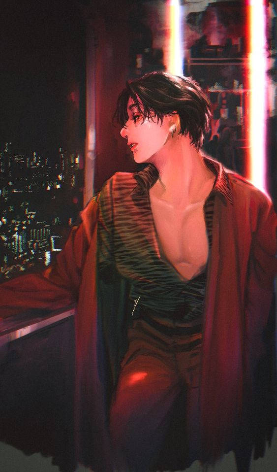 Jungkook, animal print, neon cityscape, SD Phone Wallpaper