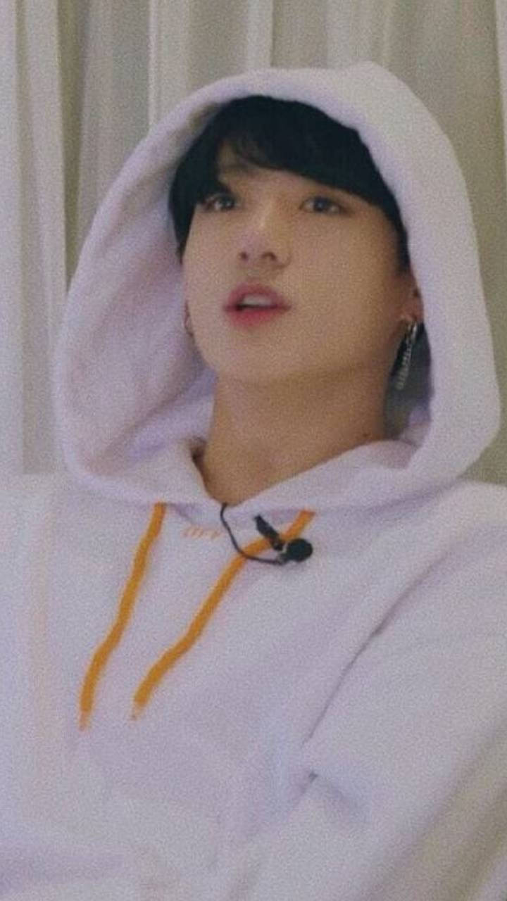 Jungkook Aesthetic, white hoodie, orange drawstrings, HD Phone Wallpaper