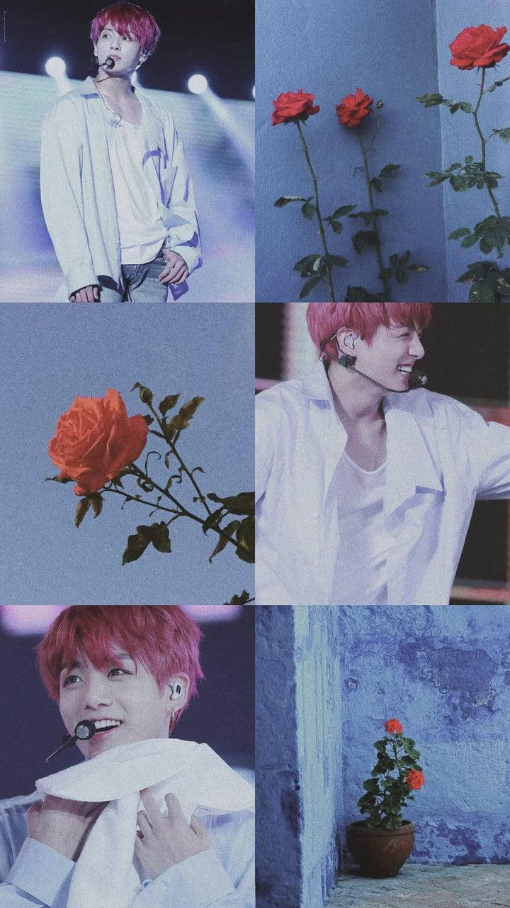 Jungkook Aesthetic, red roses, pink hair, HD Phone Wallpaper