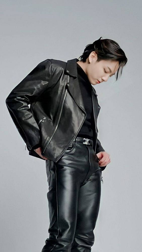Jungkook, glossy black leather jacket, pants, SD Phone Wallpaper