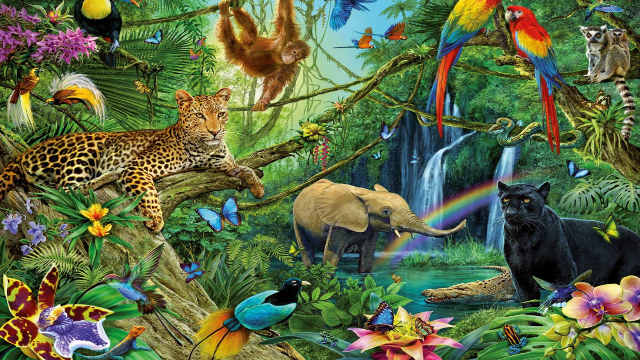 colorful jungle graphic art, leopard, elephant, Full HD Desktop Wallpaper