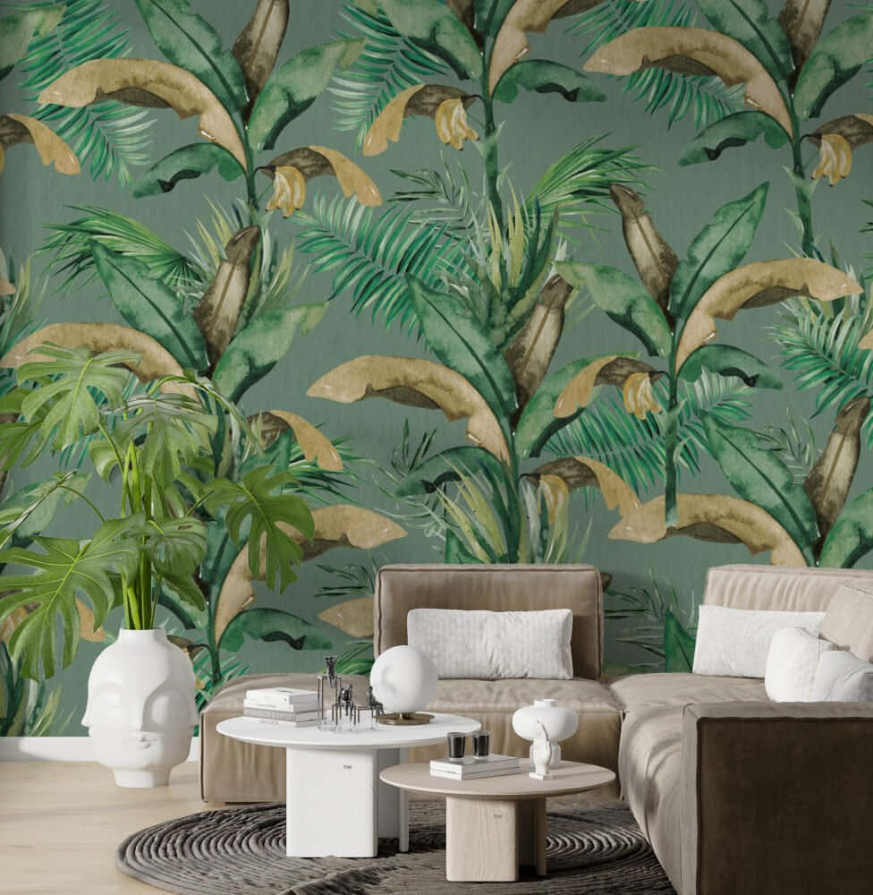 tropical jungle wallpaper mural, lush tropical wallpaper, green banana leaves, SD Phone Wallpaper