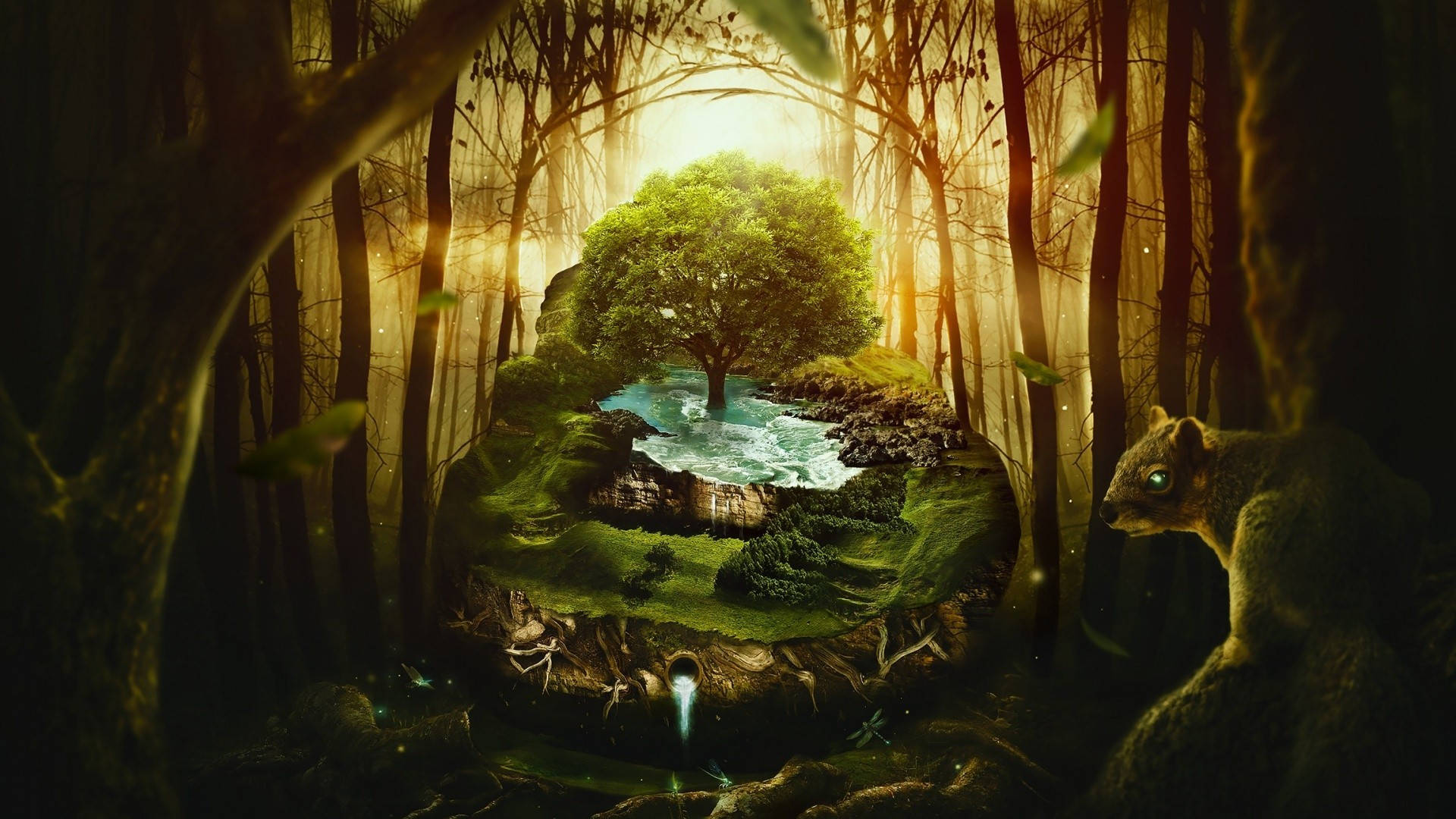 glowing tree, mystical forest clearing, waterfall, Full HD Desktop Wallpaper
