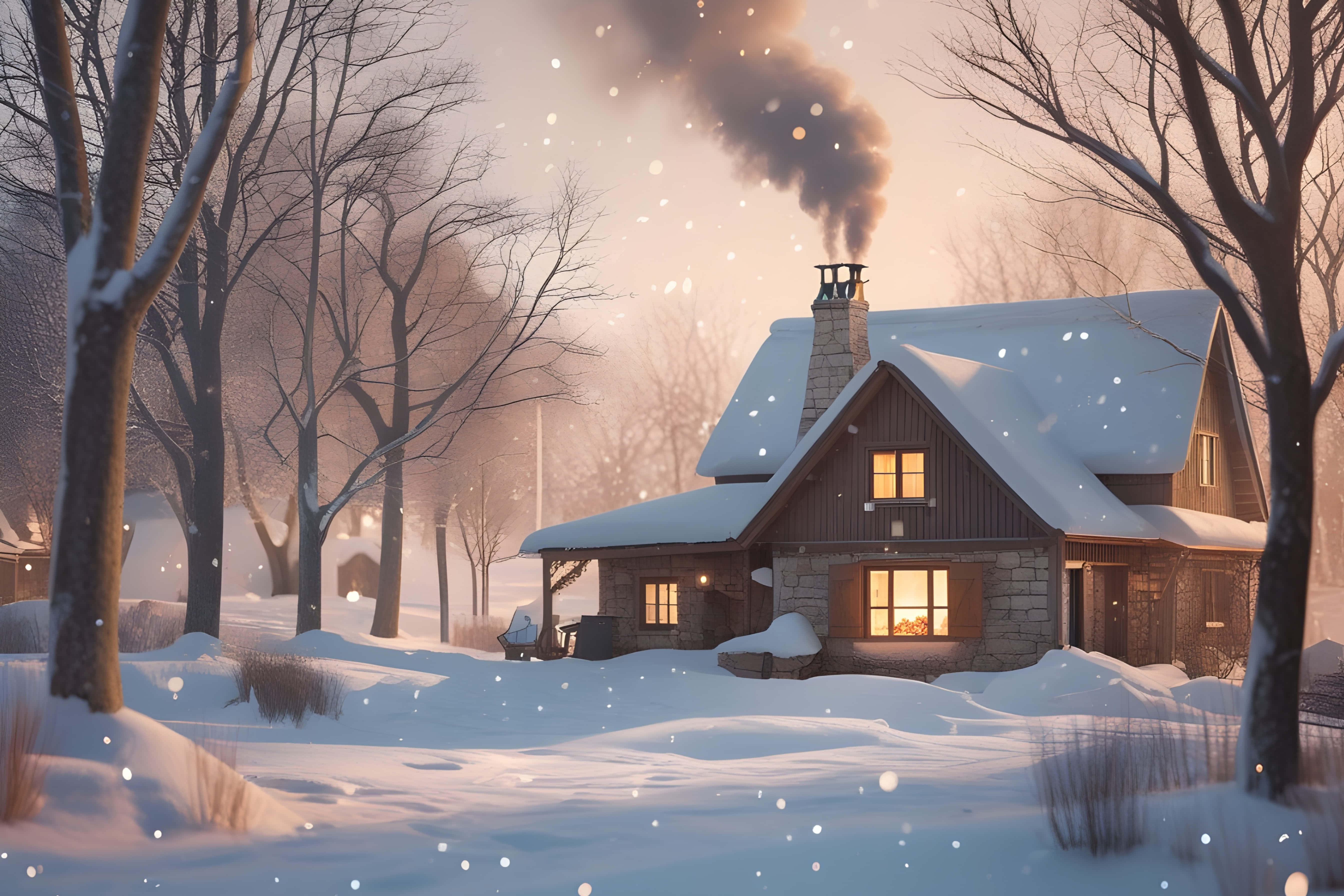 winter jungle, snow-covered cabin, warm glowing windows, 5K Desktop Wallpaper
