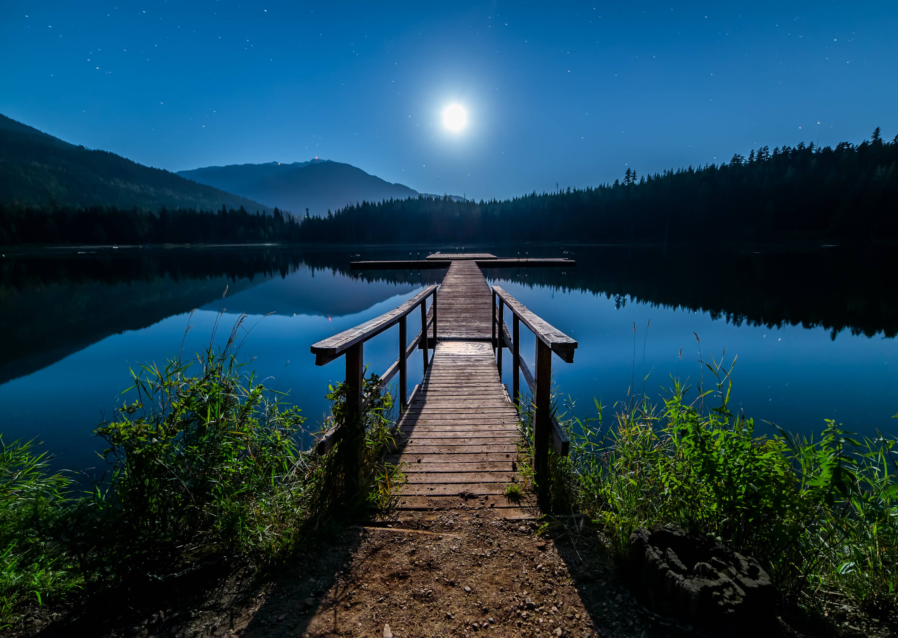 wooden pier, tranquil moonlit lake, forested mountains, 2K Desktop Wallpaper