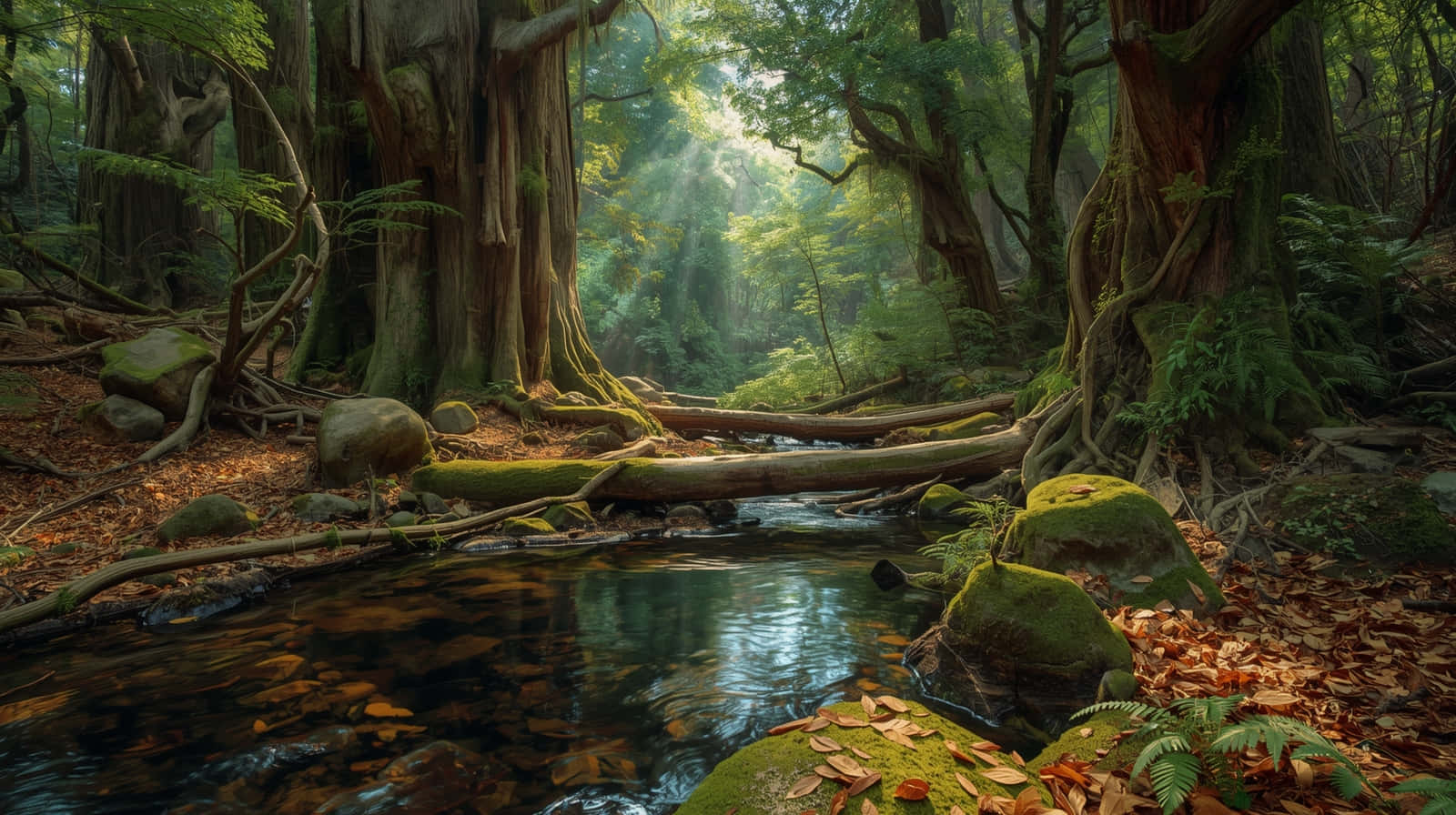sunbeams, misty trees, gentle forest creek, HD Desktop Wallpaper