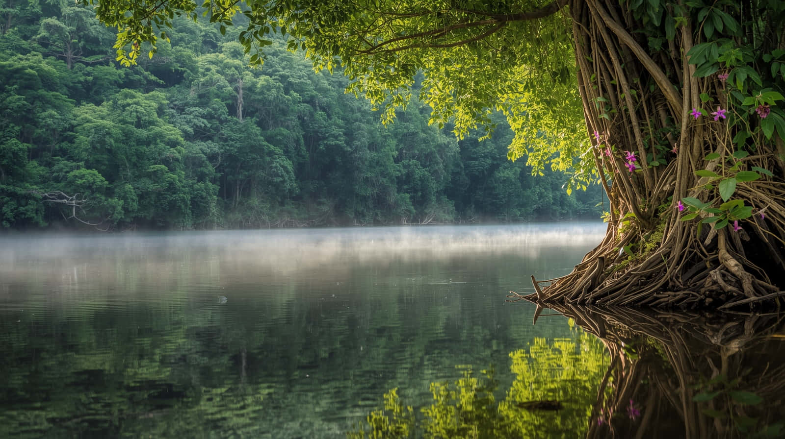 rainforest riverbank, blooming wildflowers, misty river, HD Desktop Wallpaper