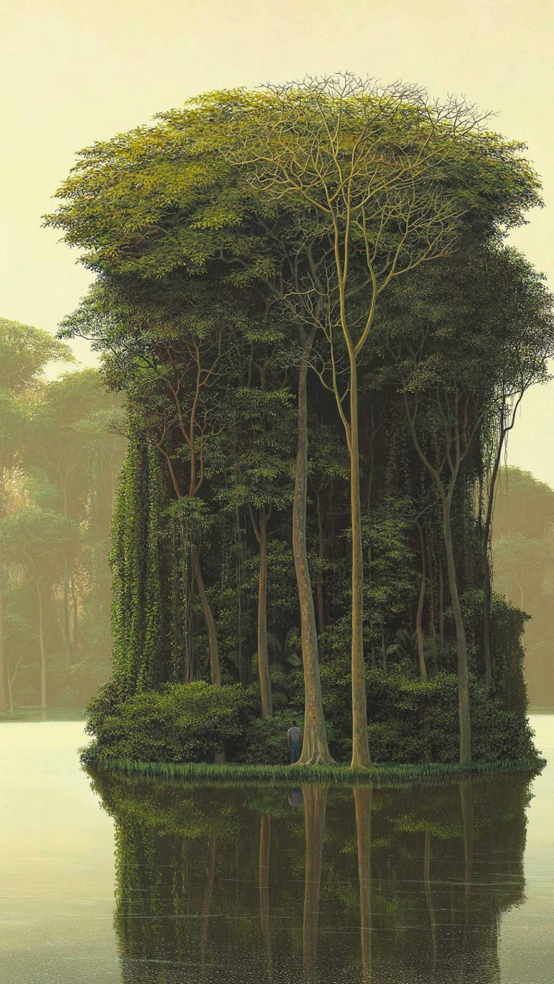iPhone, colossal lush tree island, calm water, Full HD Phone Wallpaper