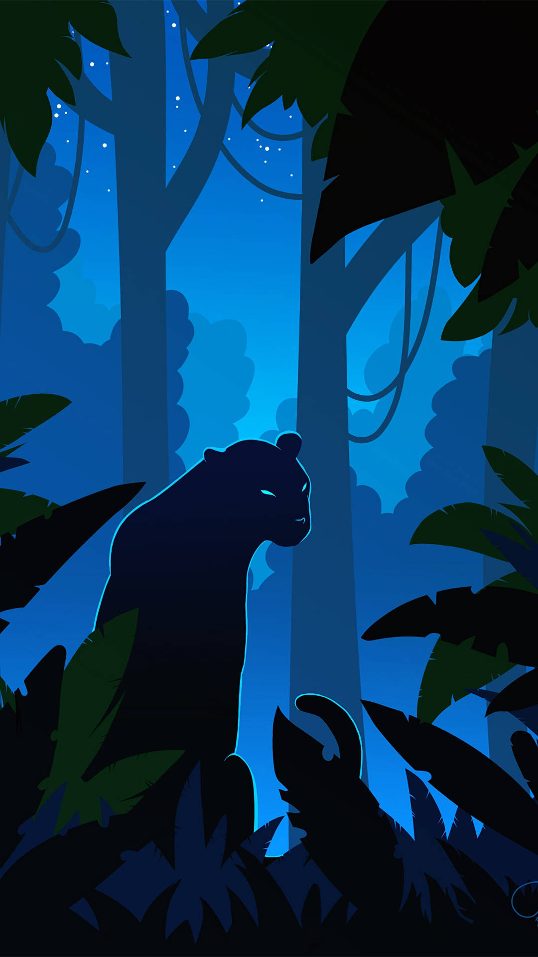leopard silhouette, moonlit jungle, starry sky, Full HD Phone Wallpaper