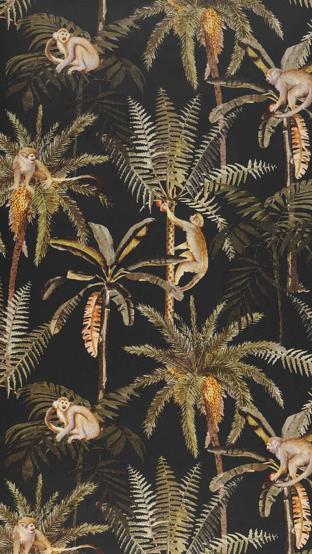 jungle print, monkeys, palm fronds, Full HD Phone Wallpaper