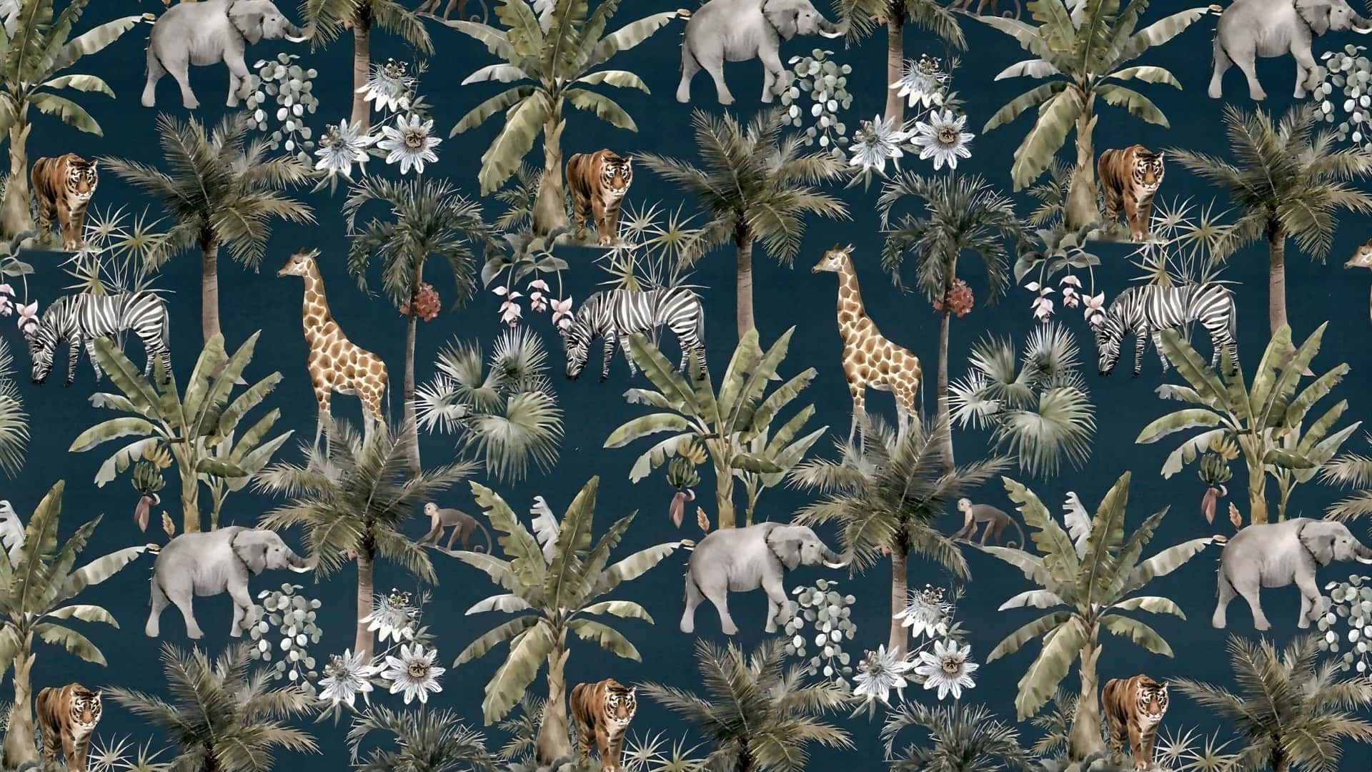 jungle print pattern, elephants, tigers, Full HD Desktop Wallpaper