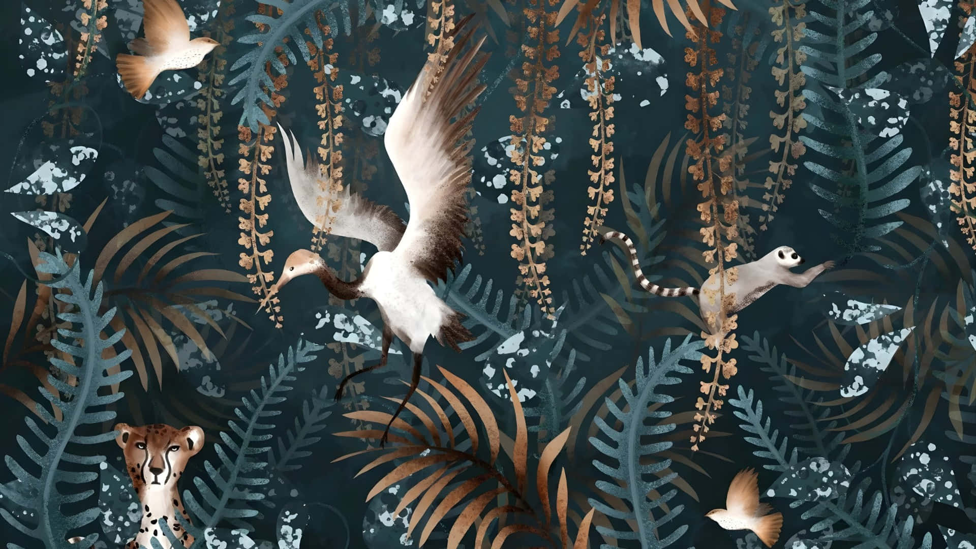 jungle print, crane, lemur, Full HD Desktop Wallpaper