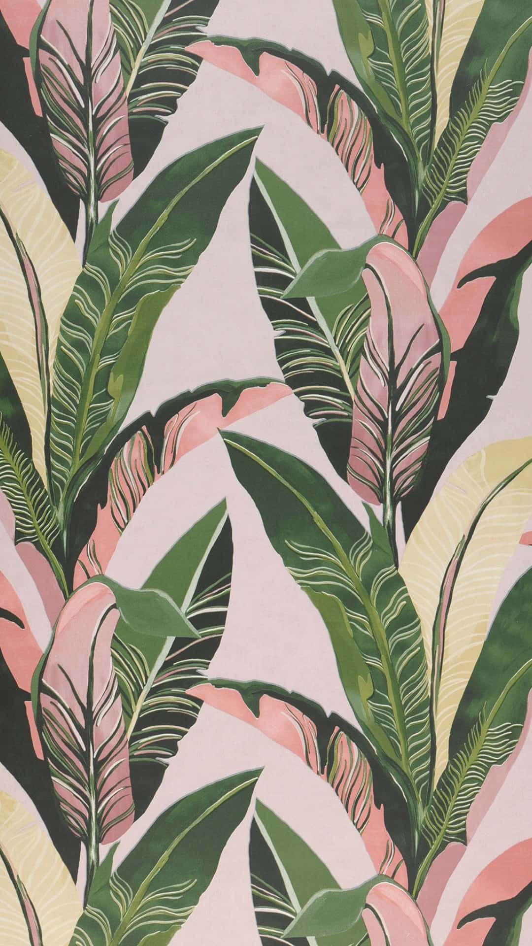 tropical jungle leaf print, green, pink, Full HD Phone Wallpaper