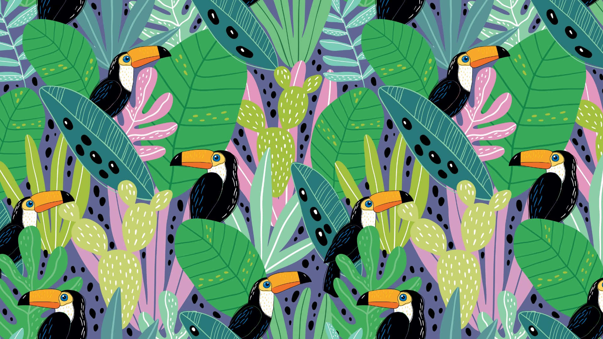 toucans, lush green leaves, purple background, Full HD Desktop Wallpaper