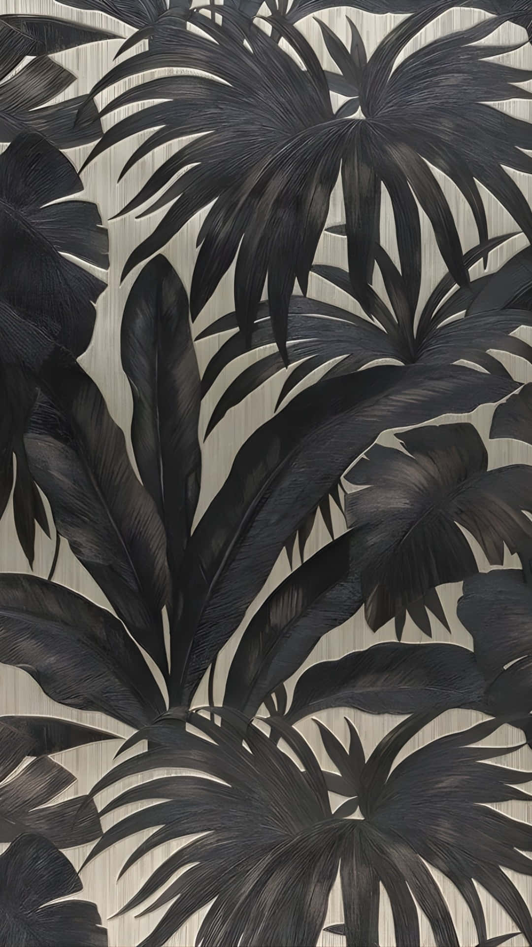 monochrome jungle print, black tropical leaves, detailed veins, Full HD Phone Wallpaper