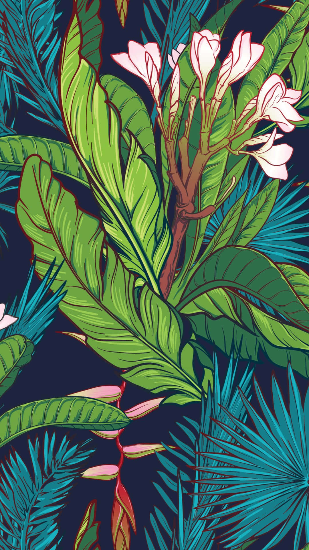 tropical jungle print, pink frangipani blooms, teal palm fronds, Full HD Phone Wallpaper