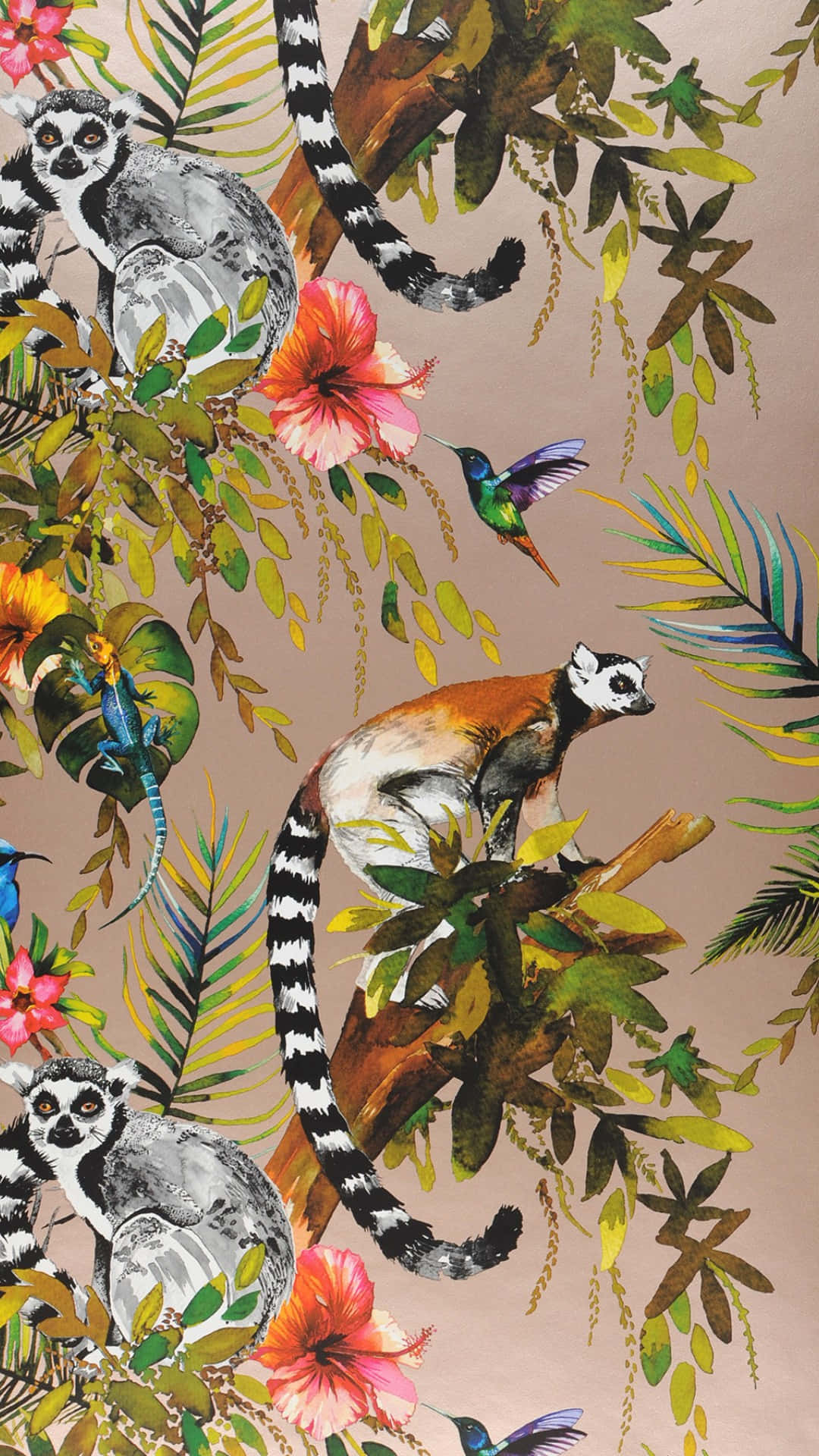jungle print, lemurs, hummingbirds, Full HD Phone Wallpaper
