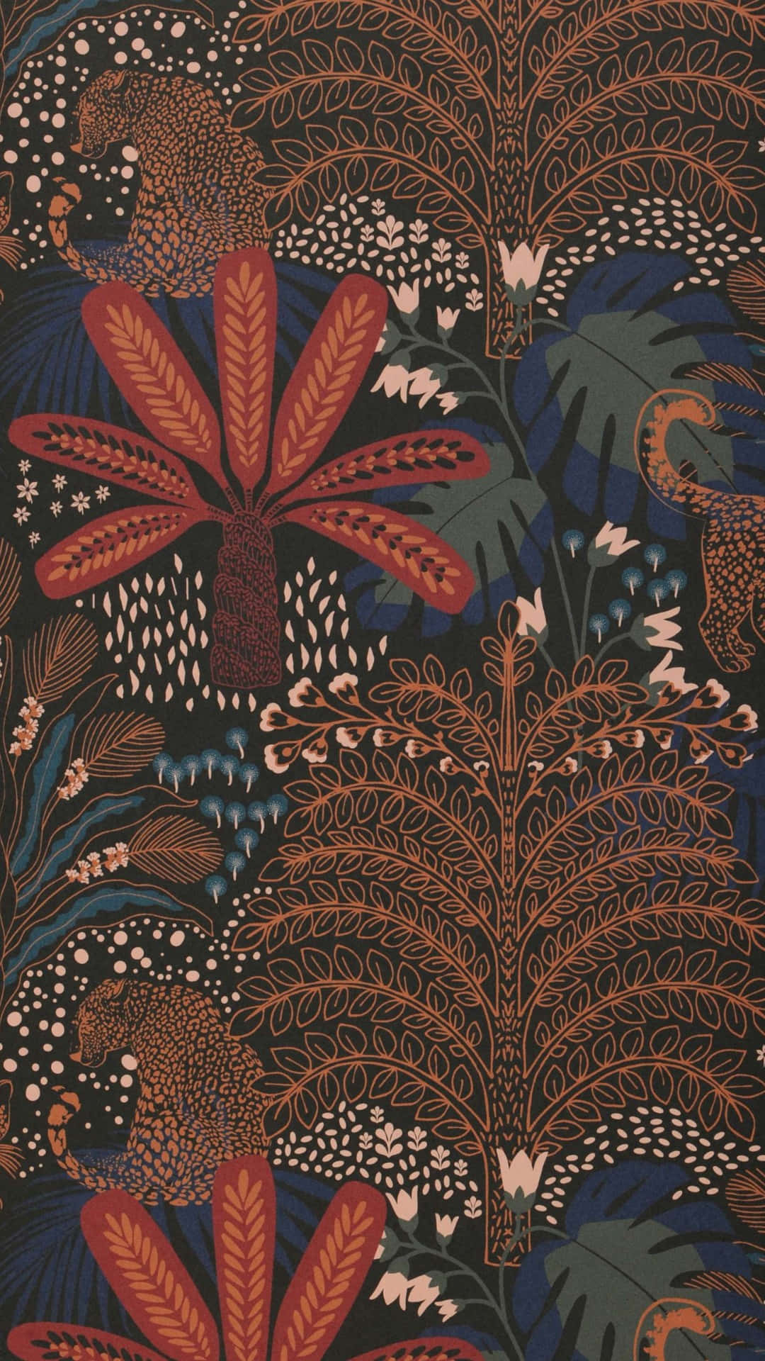 jungle print, leopards, deep reds, Full HD Phone Wallpaper
