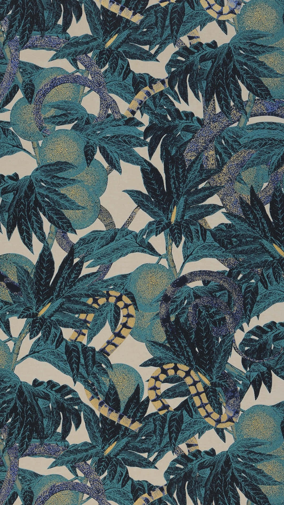 jungle print, dark teal leaves, yellow-banded snakes, Full HD Phone Wallpaper
