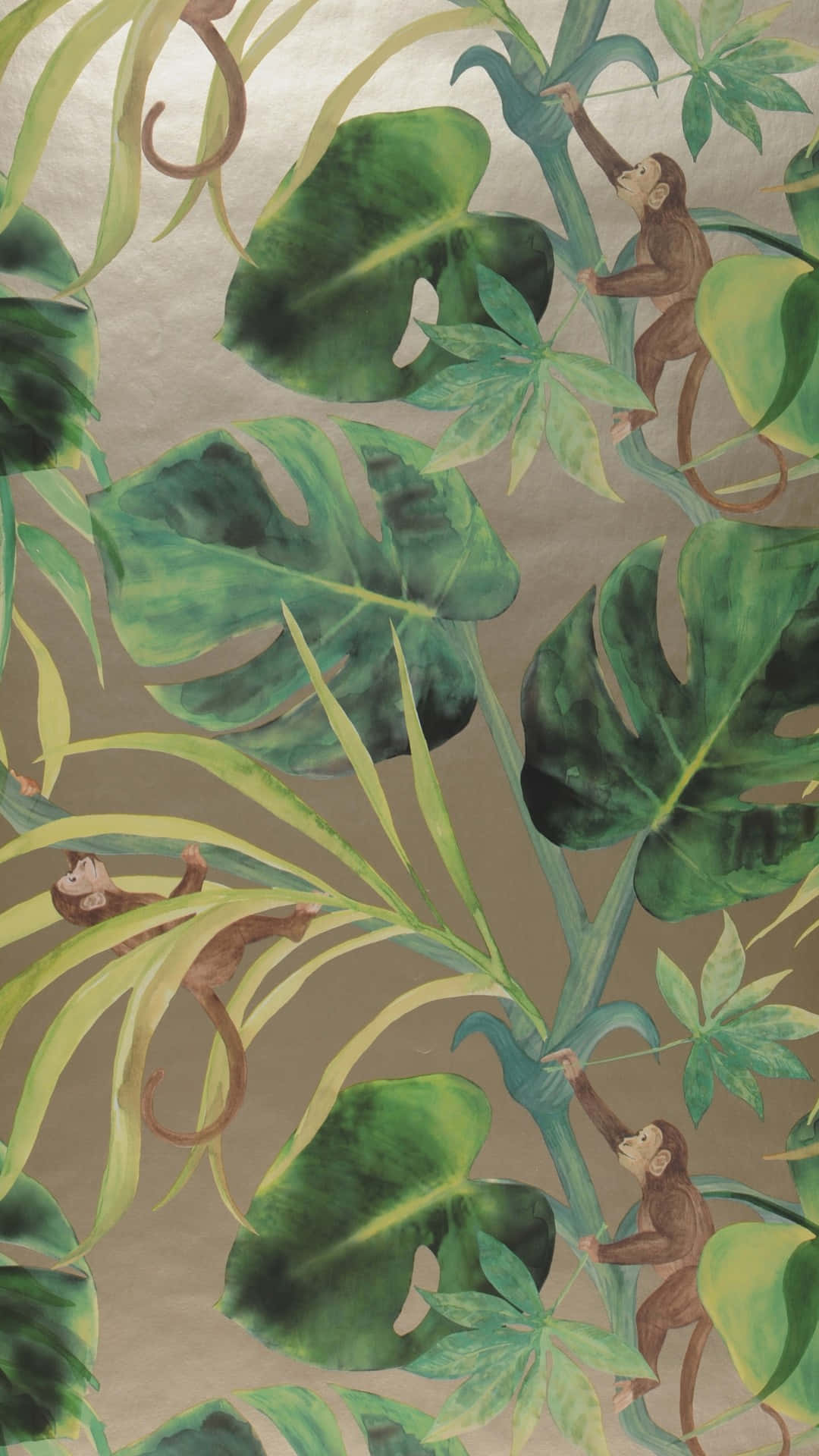 jungle print, monkeys, monstera leaves, Full HD Phone Wallpaper