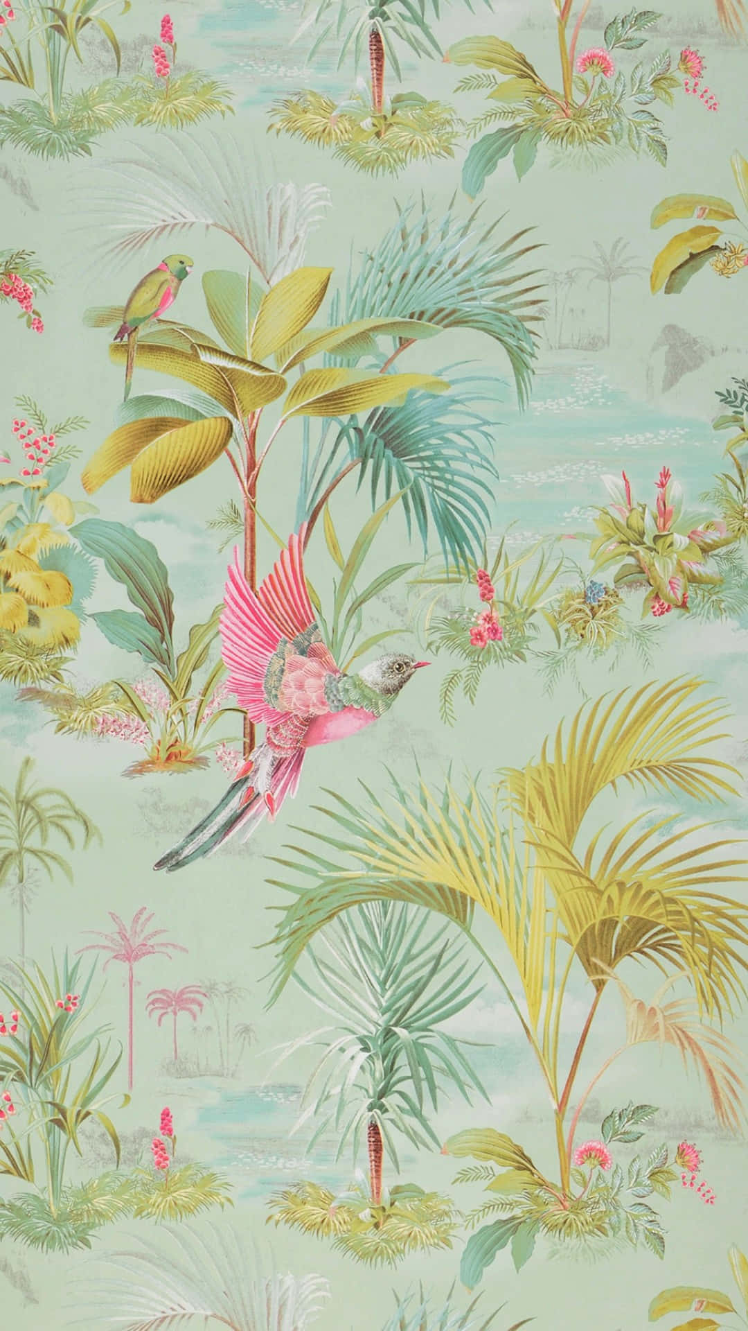 tropical jungle print, pink birds, lush palm fronds, Full HD Phone Wallpaper