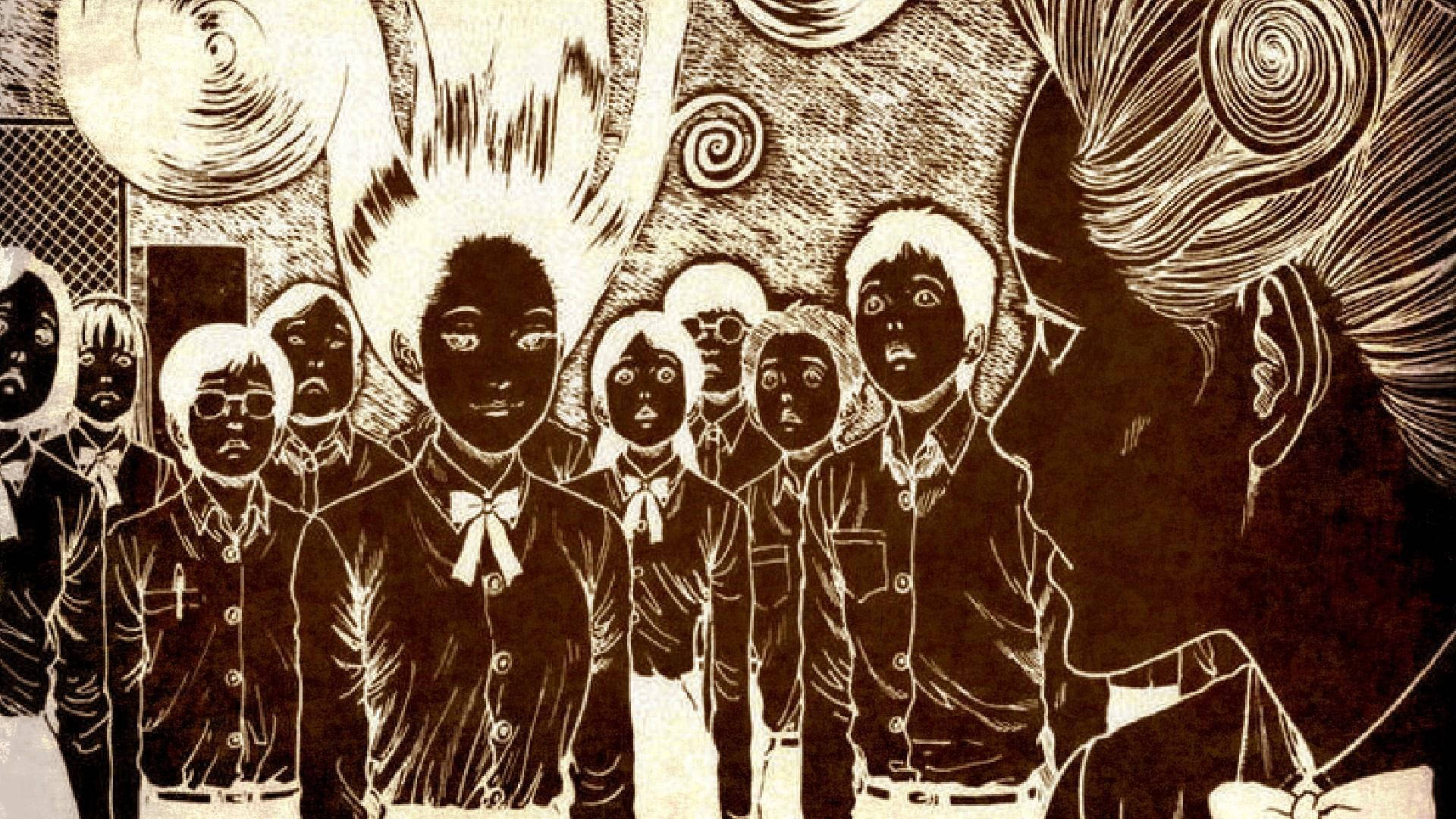 Junji Ito, manga-style illustration, uniformed students, Full HD Desktop Wallpaper