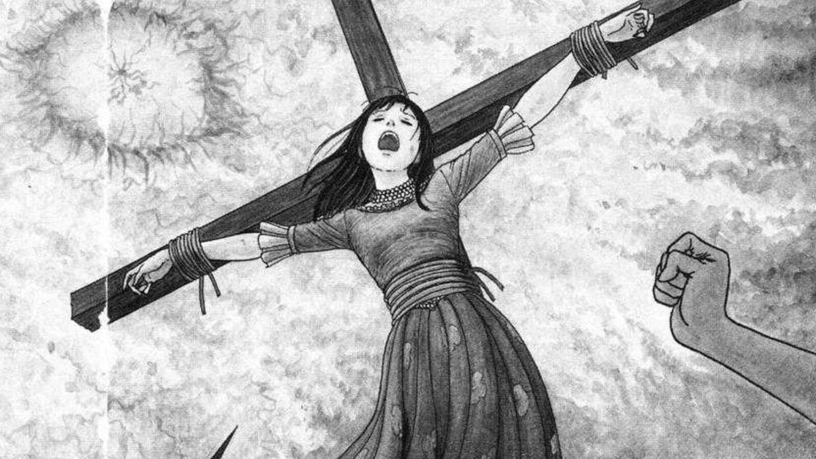 Junji Ito, crucifixion sacrifice, woman in traditional attire, HD Desktop Wallpaper