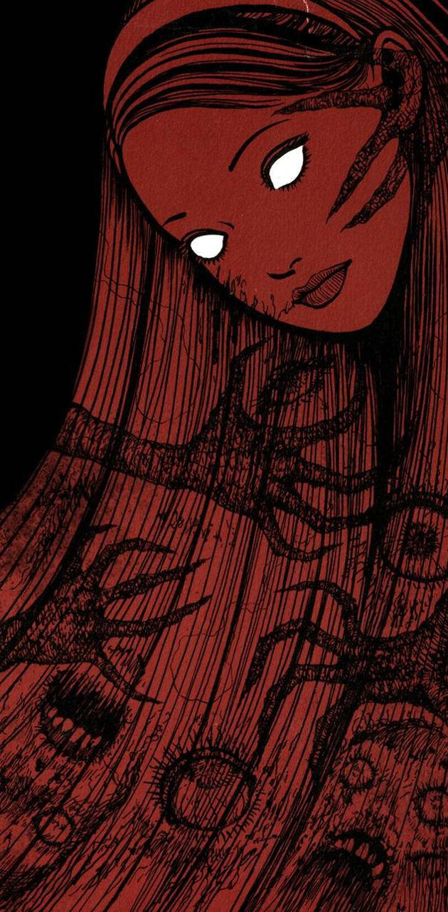 Junji Ito, glowing white eyes, long hair streaked with black ink patterns, HD Phone Wallpaper