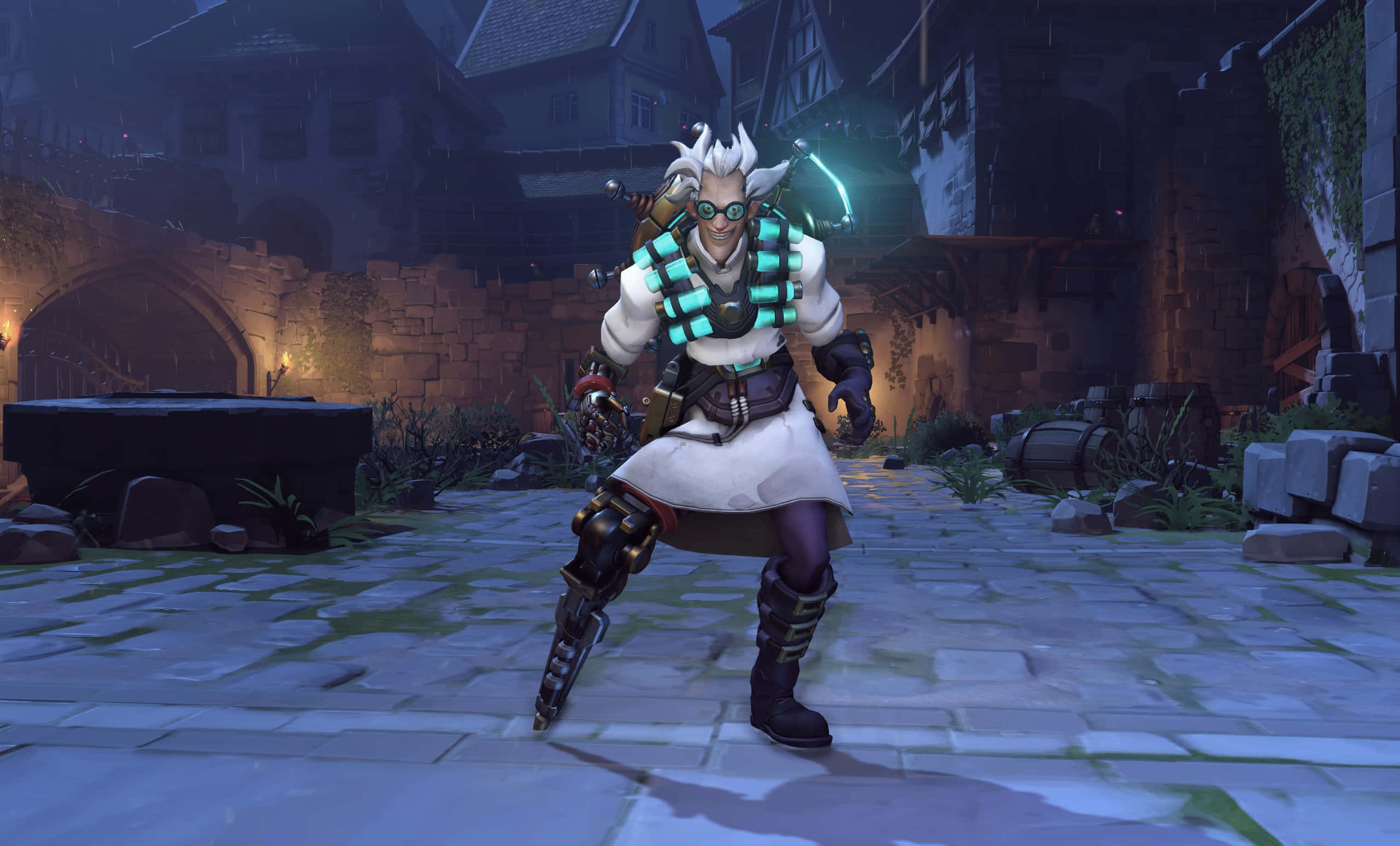 Junkrat, glowing green armor, rainy medieval courtyard, 2K Desktop Wallpaper