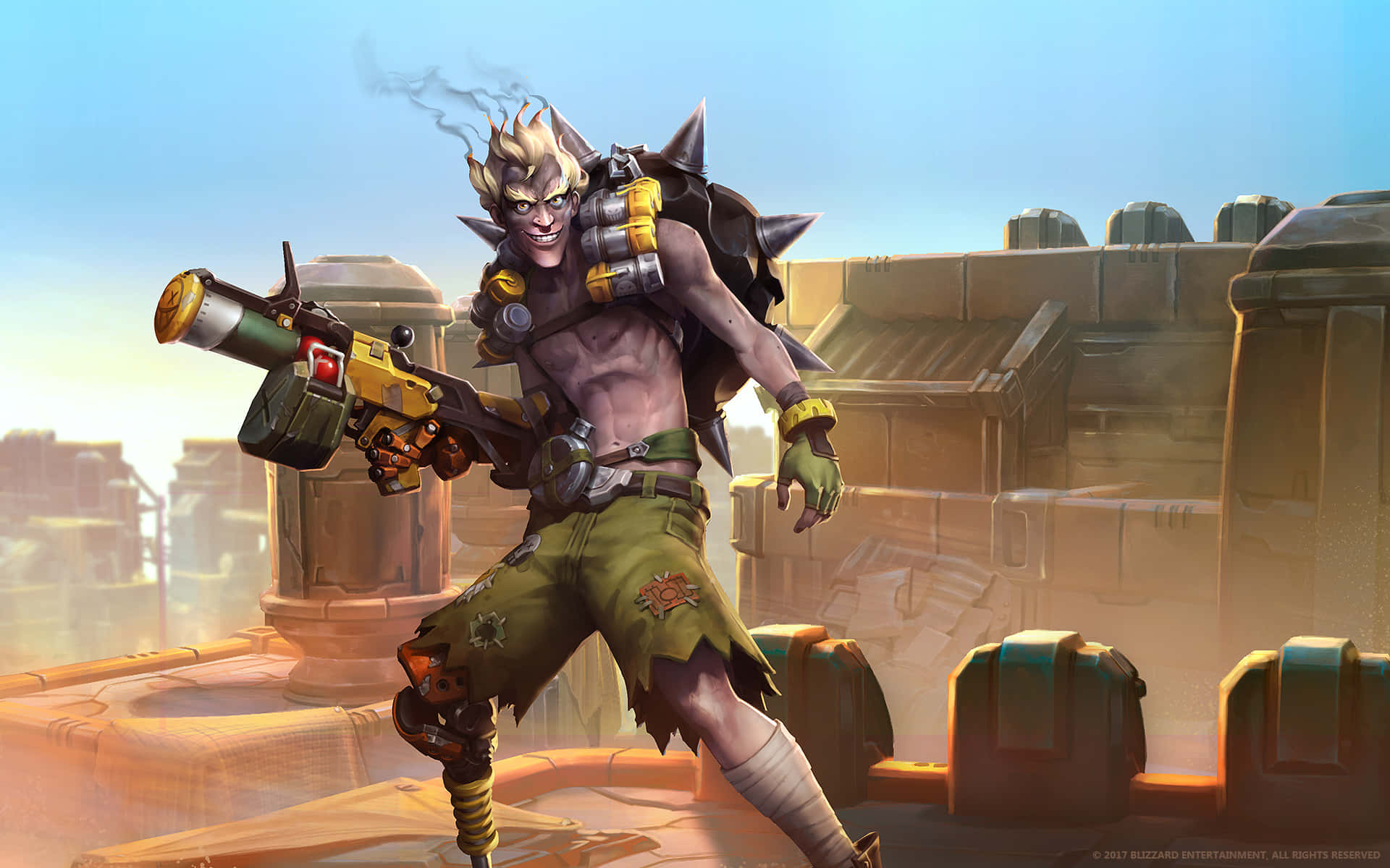 Junkrat, futuristic ruins, sunlit rooftop, Full HD Desktop Wallpaper