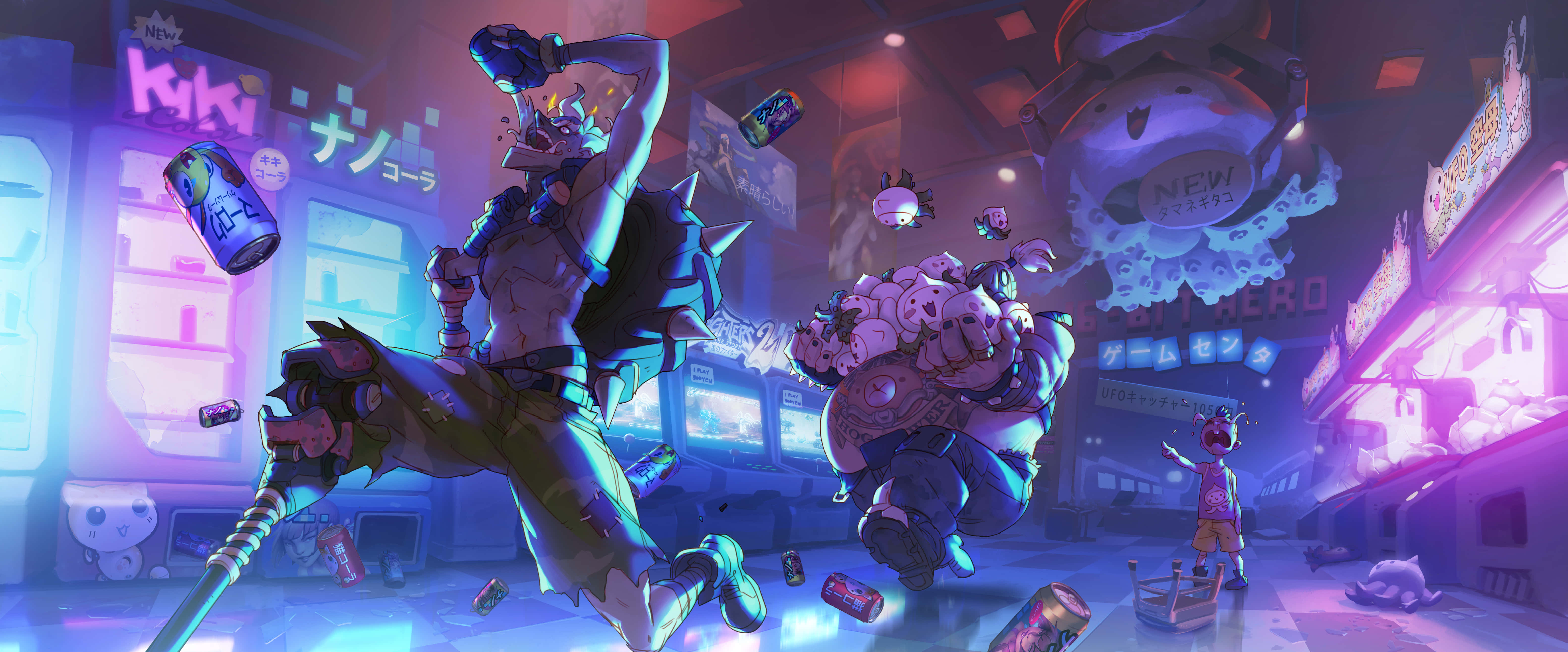 Junkrat, neon-lit arcade, flying cans, 5K Desktop Wallpaper