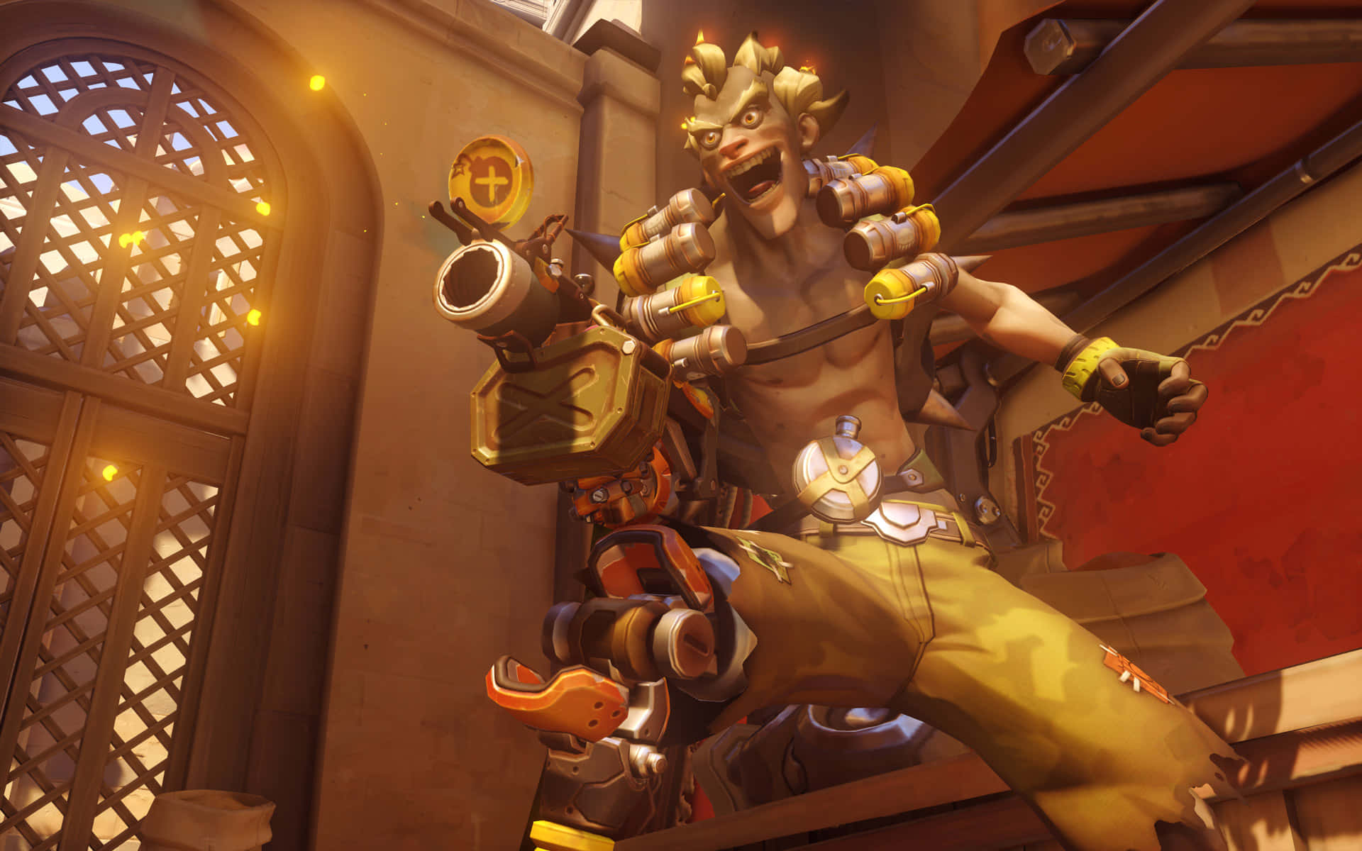 Junkrat, glowing yellow hair, mechanical gear, Full HD Desktop Wallpaper