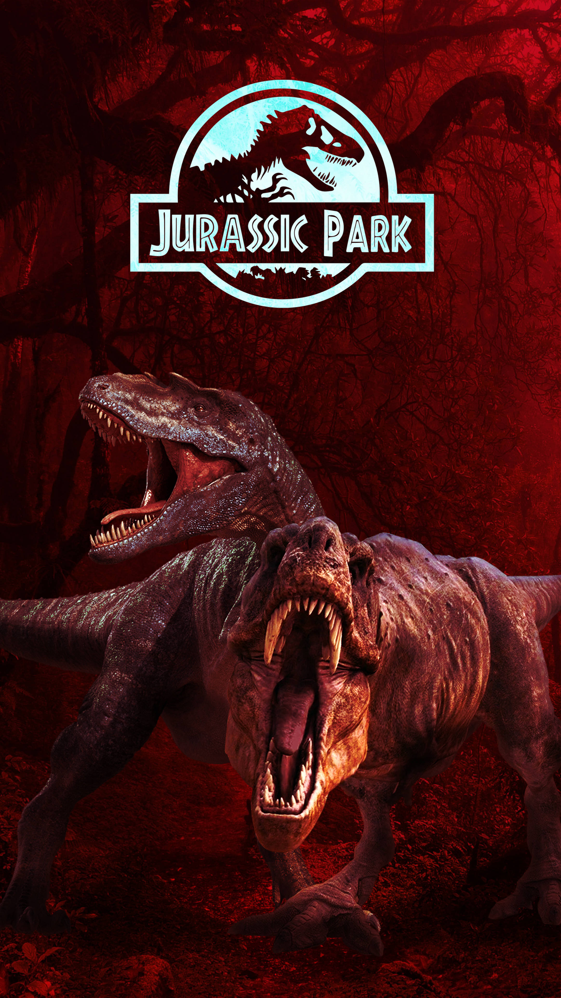 t rex, blood red forest, Jurassic Park logo, 4K Phone Wallpaper