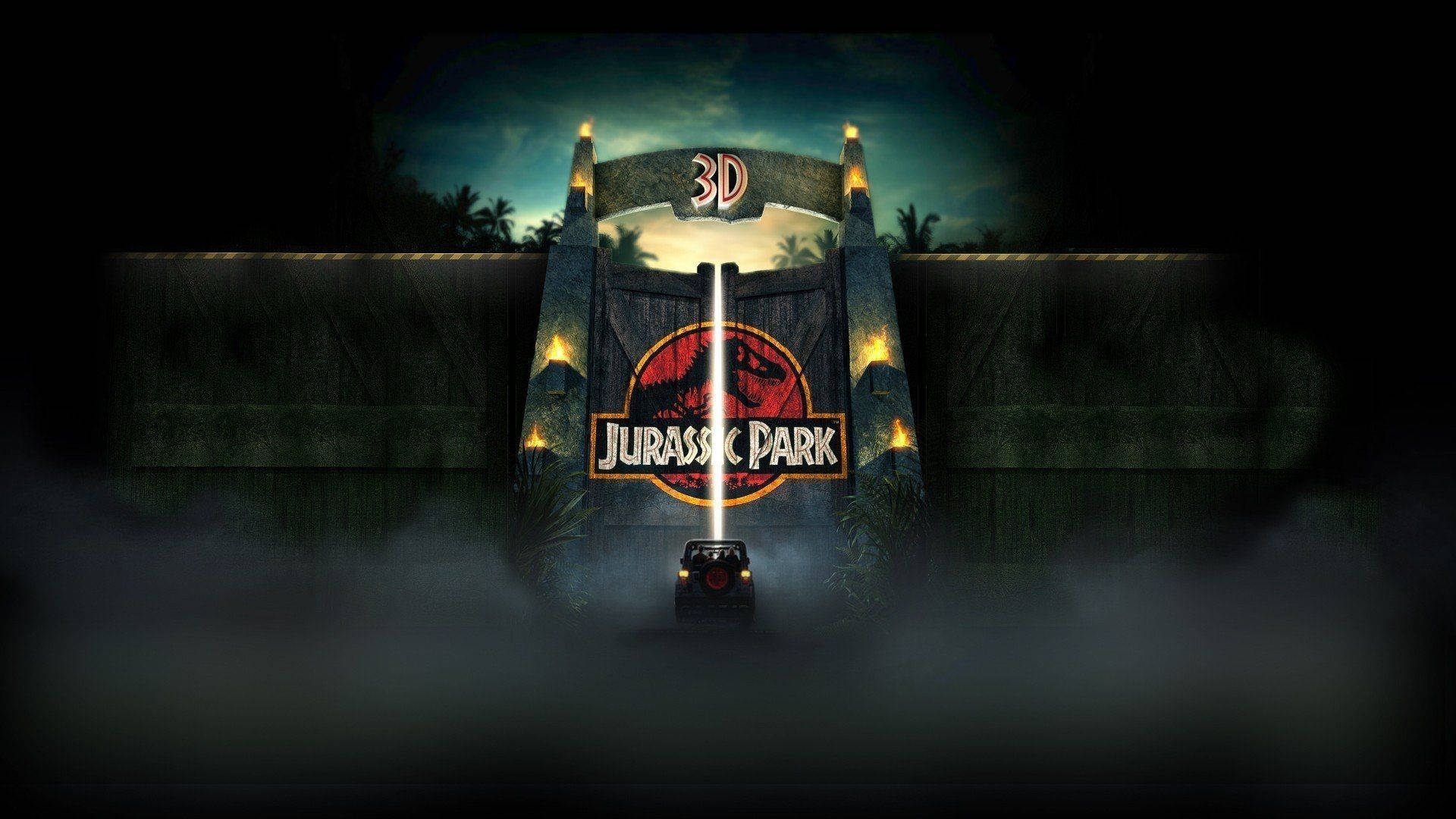 Jurassic Park, 3D Gate, misty night sky, Full HD Desktop Wallpaper