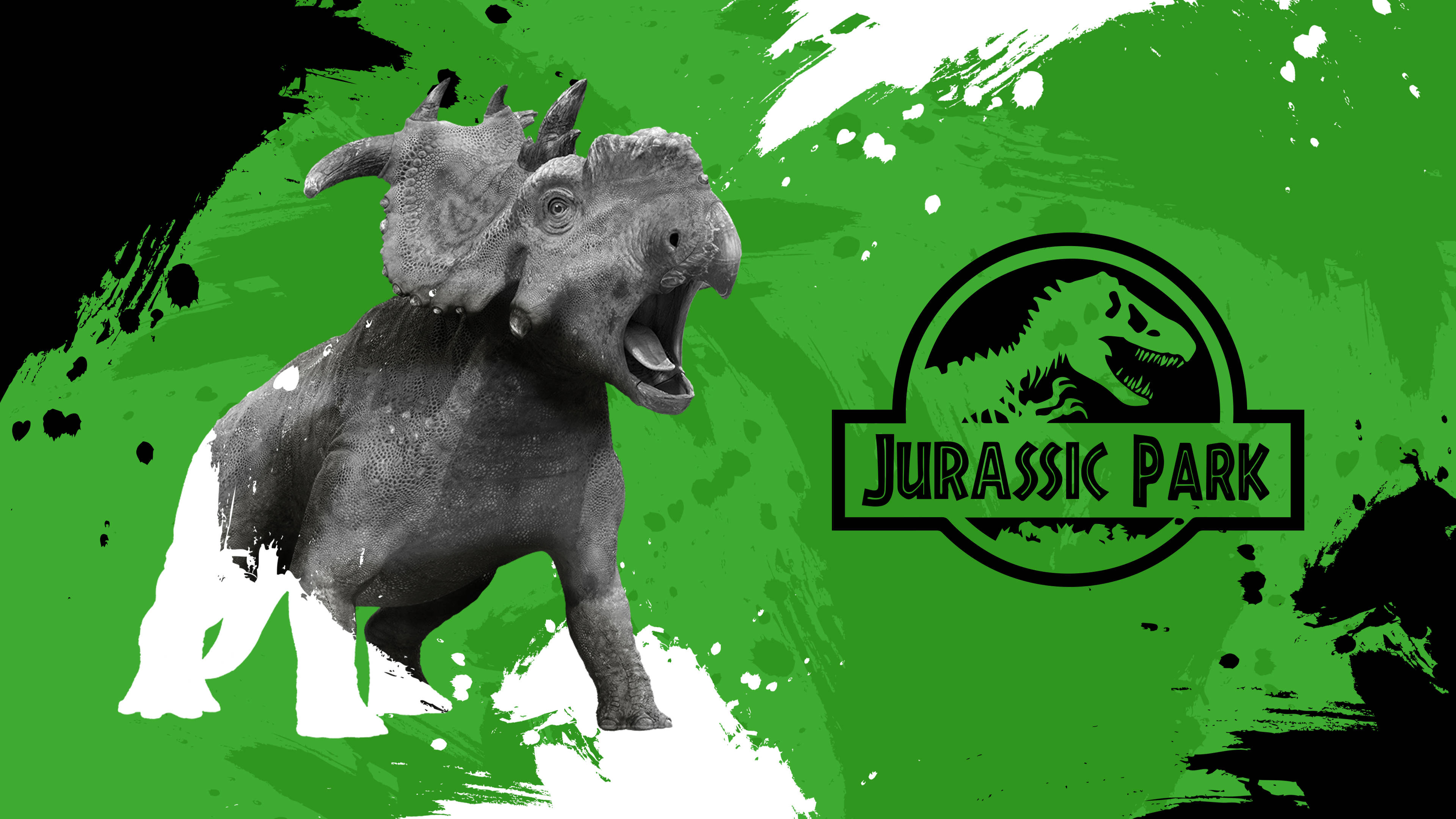 Jurassic Park, triceratops, black and white, 4K Desktop Wallpaper