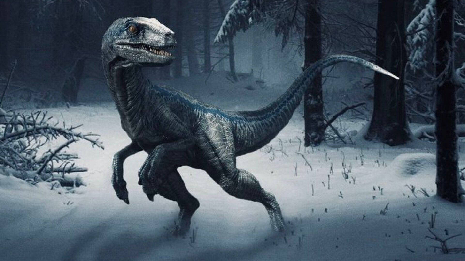 Jurassic World: Dominion, raptor dinosaur, snowy forest, Full HD Desktop Wallpaper
